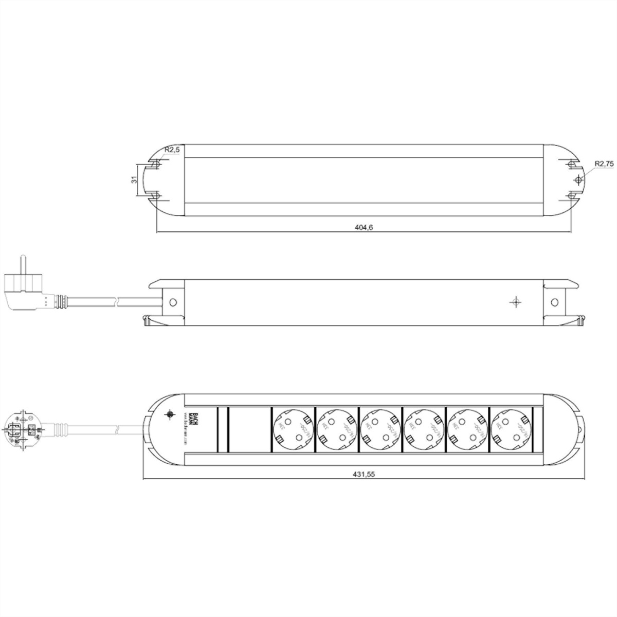 Rysunek techniczny listwy zasilającej z wymiarami i szczegółami.