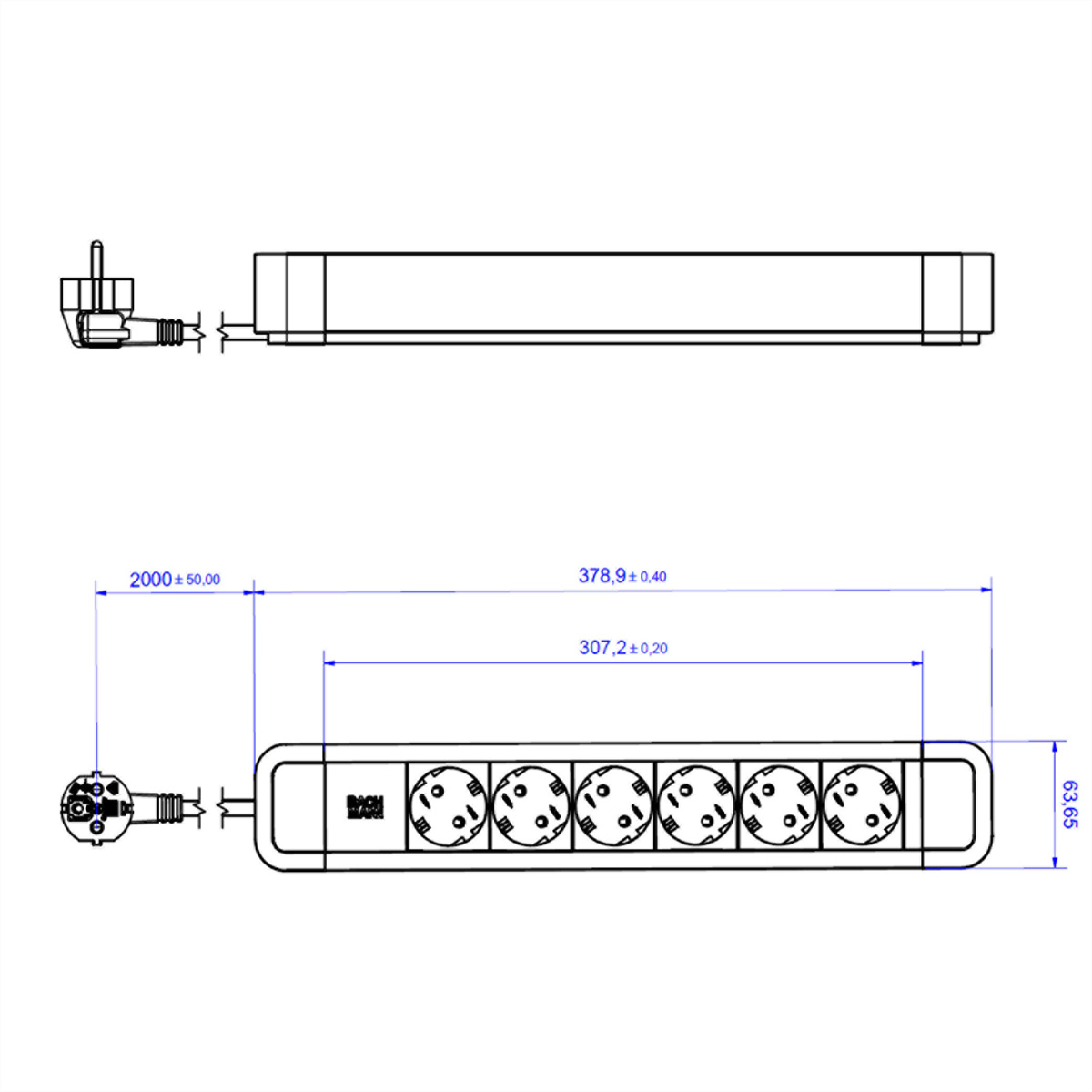 Listwa zasilająca z sześcioma gniazdami, z wymiarami. Listwa jest biała i pokazuje pomiary.