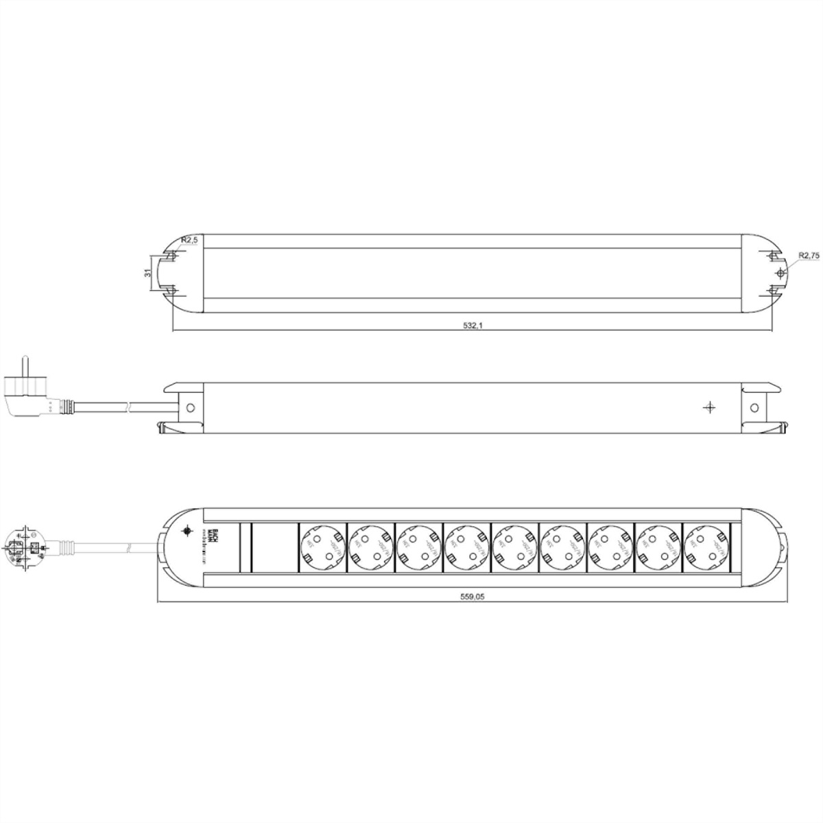 Rysunek techniczny listwy zasilającej z wieloma gniazdami, wtyczką i wymiarami w milimetrach. Widoki z góry i z boku.