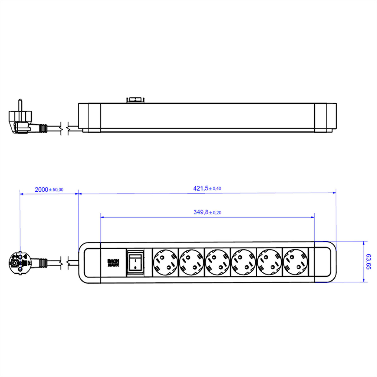 Schemat listwy zasilającej, pokazujący wymiary i wtyczkę.