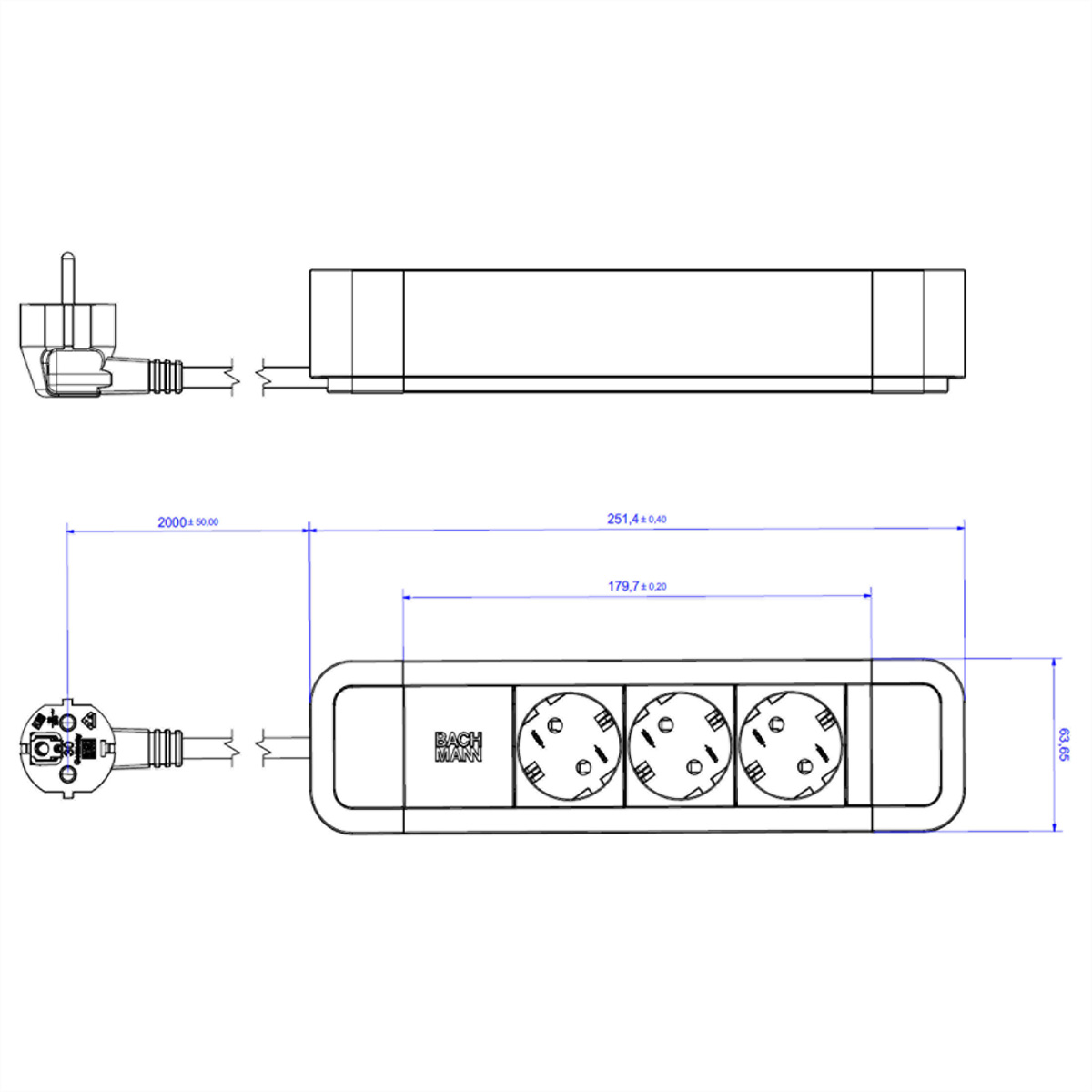 Rysunek techniczny listwy zasilającej z wymiarami i wtyczką.