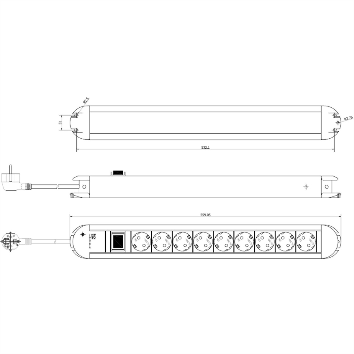 Disegno tecnico di una ciabatta con più prese e una spina, con misure.