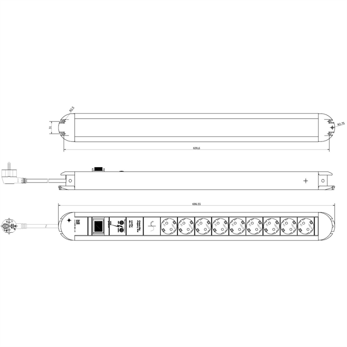 Disegno tecnico di una multipresa con più prese e una spina.