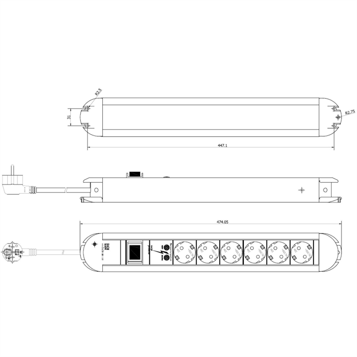 Technische tekening van een stekkerdoos met afmetingen en stekkerdetails.