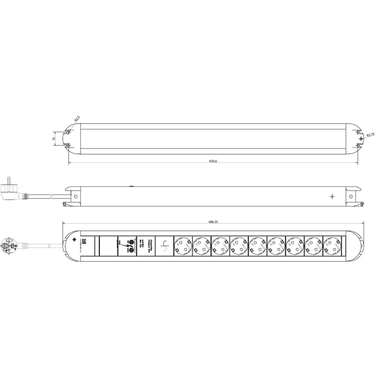Disegno tecnico di una ciabatta con più prese. Sfondo bianco.