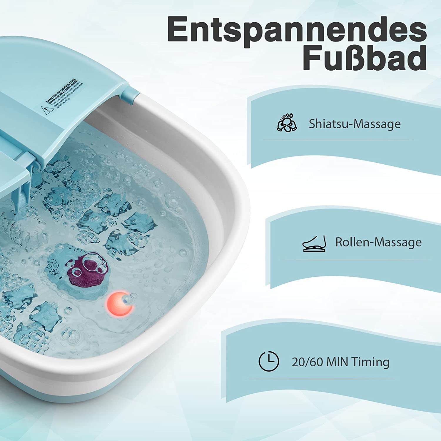 Fußbad mit Wasser, Blasen und Text. Blaues und weißes Farbschema. Fußpflege.