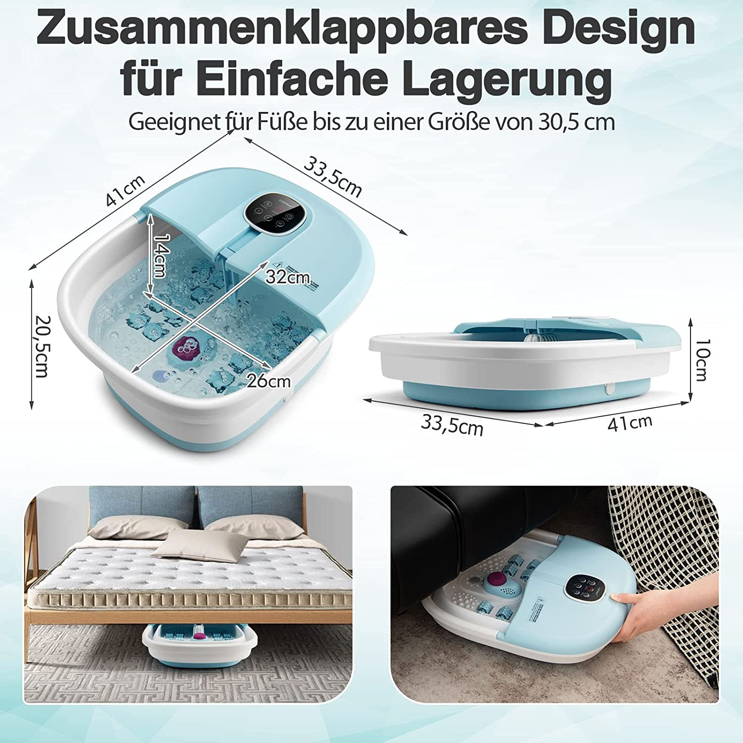 Blaues Fußbad mit Maßen, faltbarem Design und Anwendungsbeispielen.
