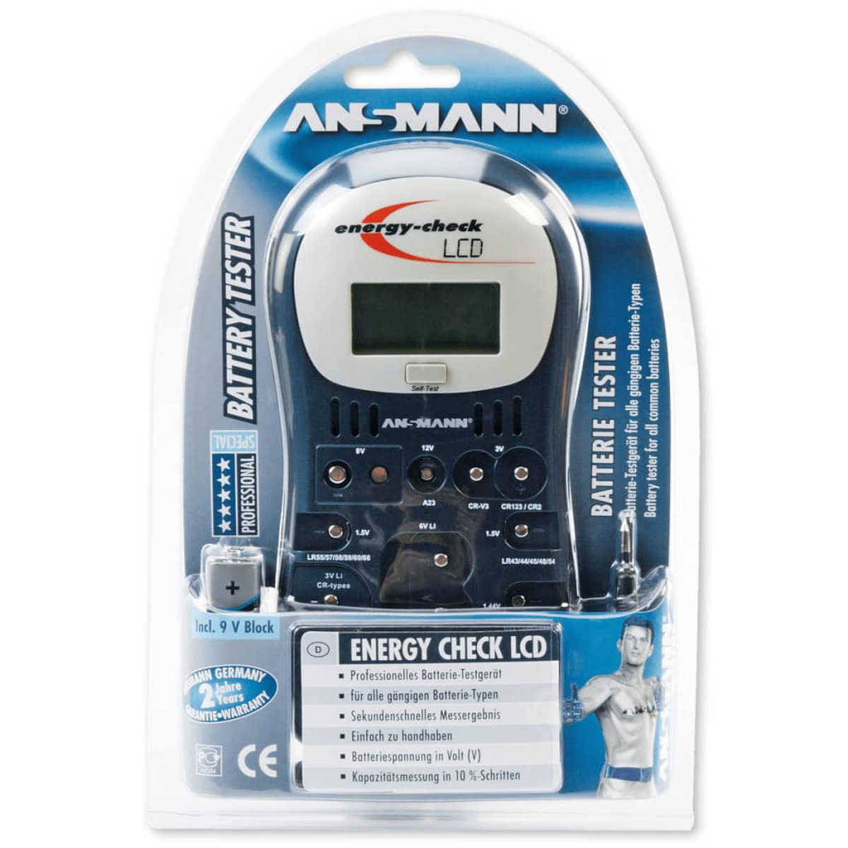 Batterietester in Kunststoffverpackung. Er hat einen LCD-Bildschirm und Knöpfe. Die Marke ist Ansmann.