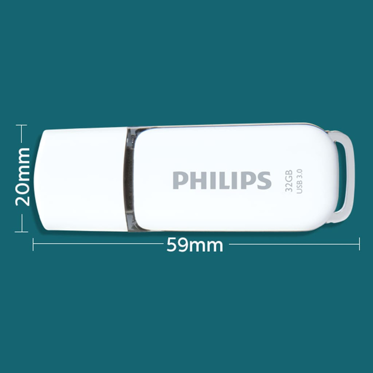Biały pendrive Philips z wymiarami na tle turkusowego tła.