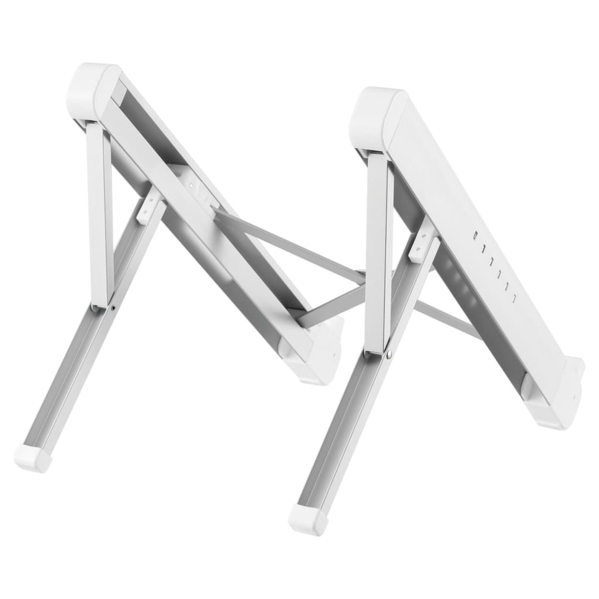 A foldable laptop stand. White and silver, with legs spread open in an M shape.