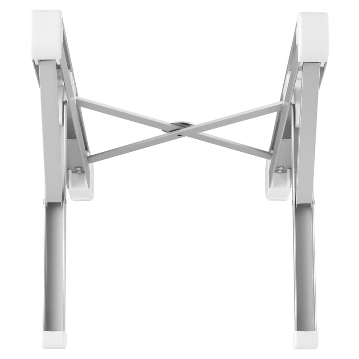 Silver and white portable laptop stand, legs crossed, isolated on white, top view.