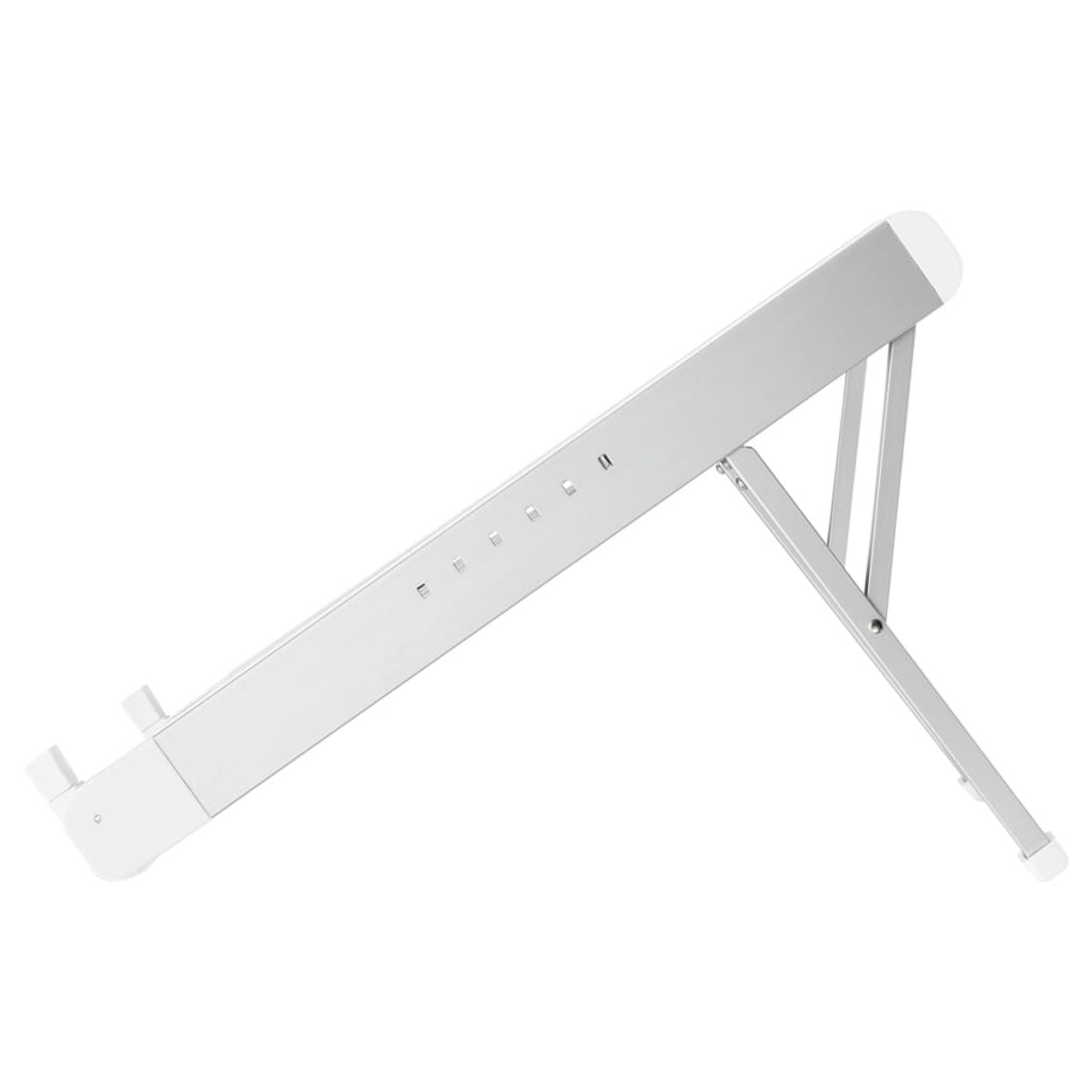 Silver laptop stand, angled upwards, white background.