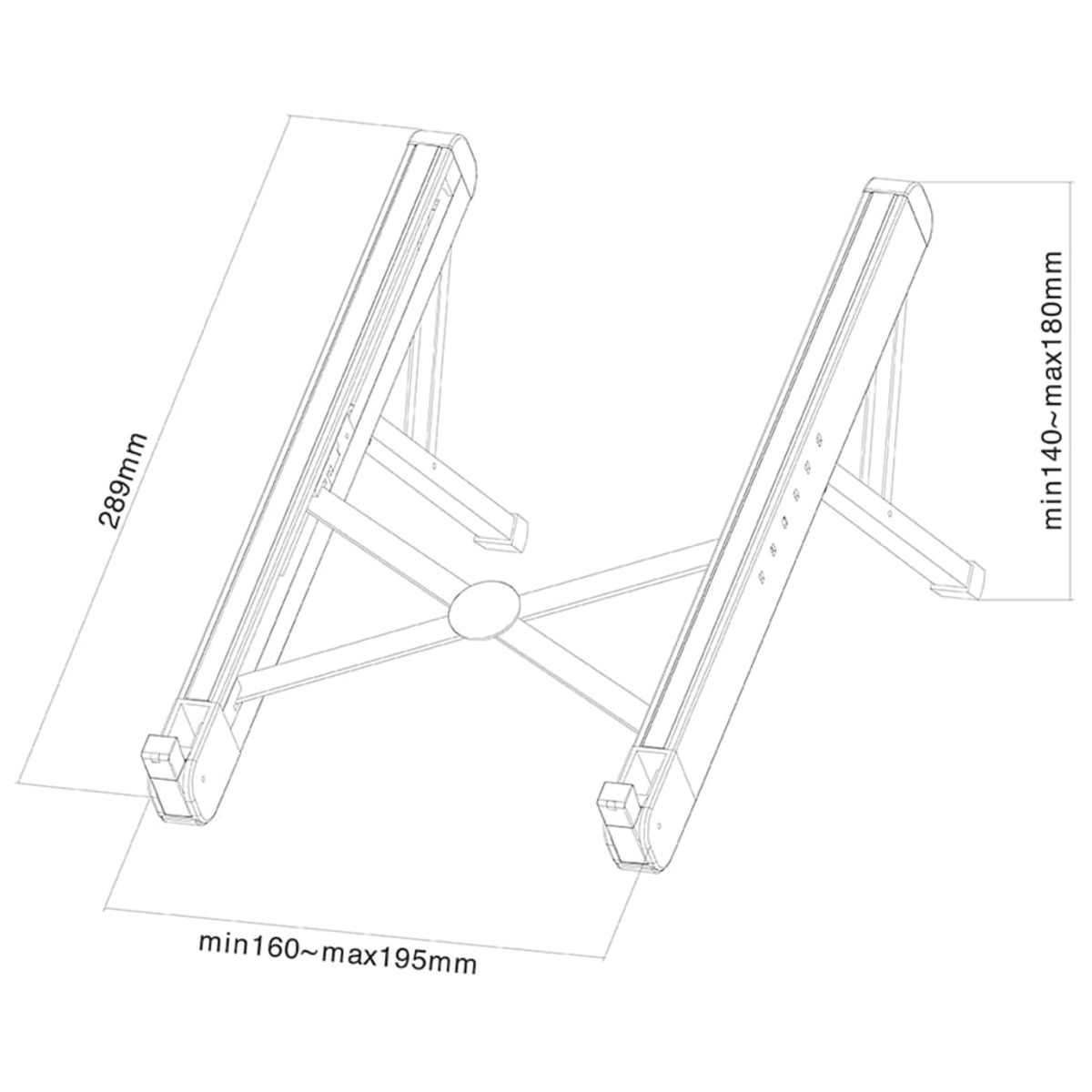 Laptop stand, white background. It has adjustable arms and a central circular connector.
