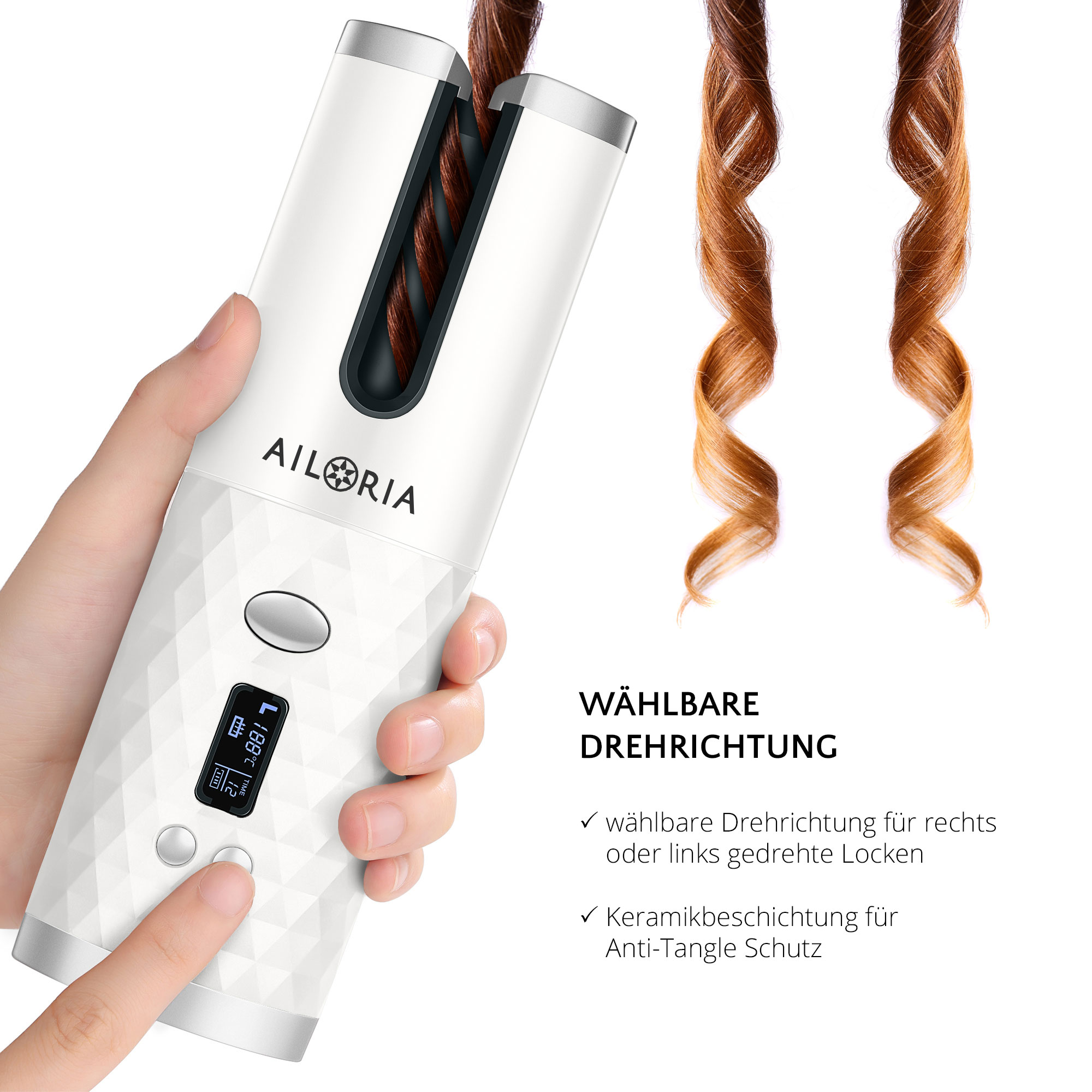 Ein weißer Lockenstab mit Haarsträhnen, gehalten von einer Hand, mit Produktdetails rechts.
