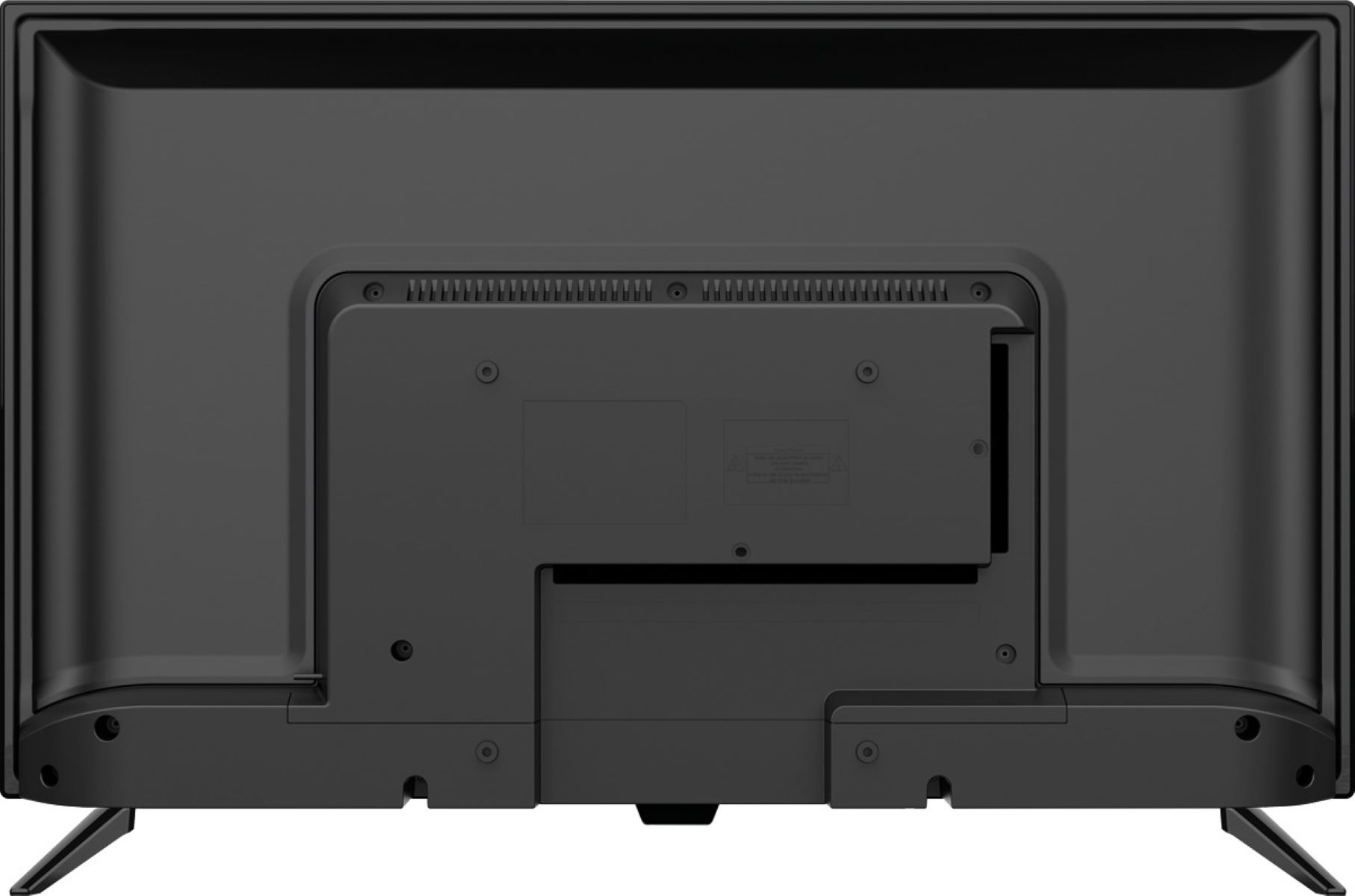 Il retro di una TV nera con varie porte e punti di montaggio. La TV è rettangolare.