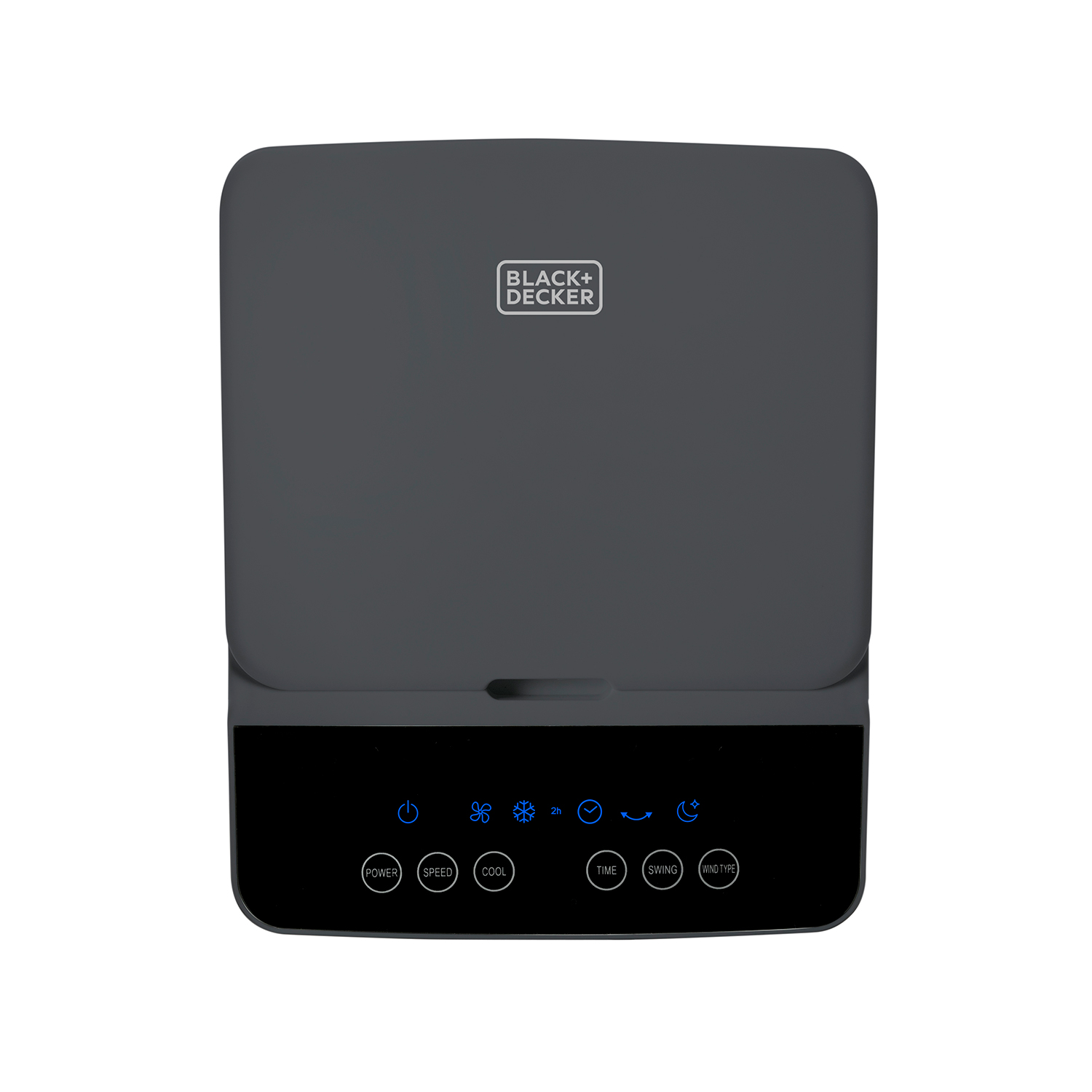 Czarno-szara chłodziarka powietrza z czarnym wyświetlaczem i przyciskami sterowania.