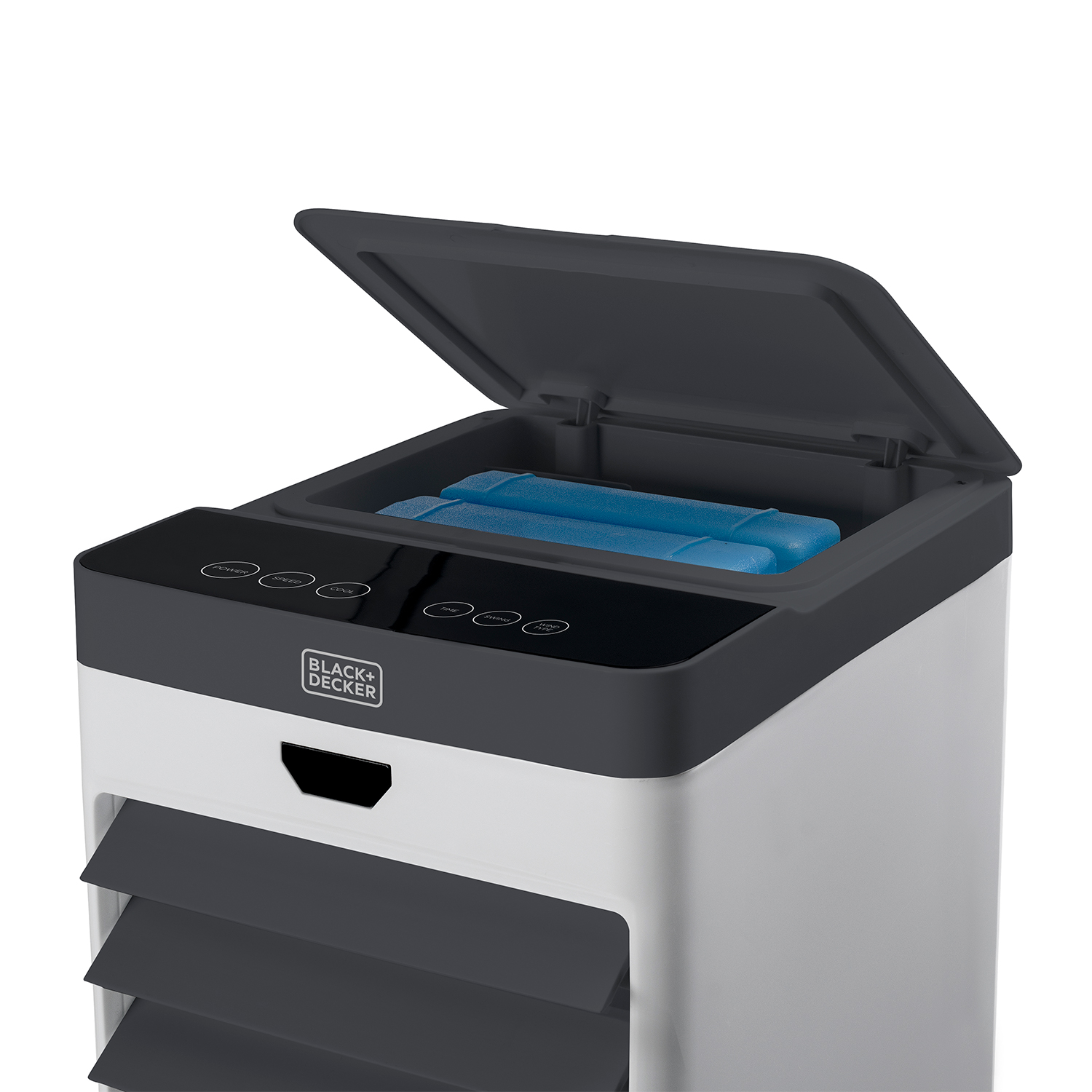 Biało-szara chłodziarka powietrza z niebieskimi wkładami chłodzącymi w górnej komorze.