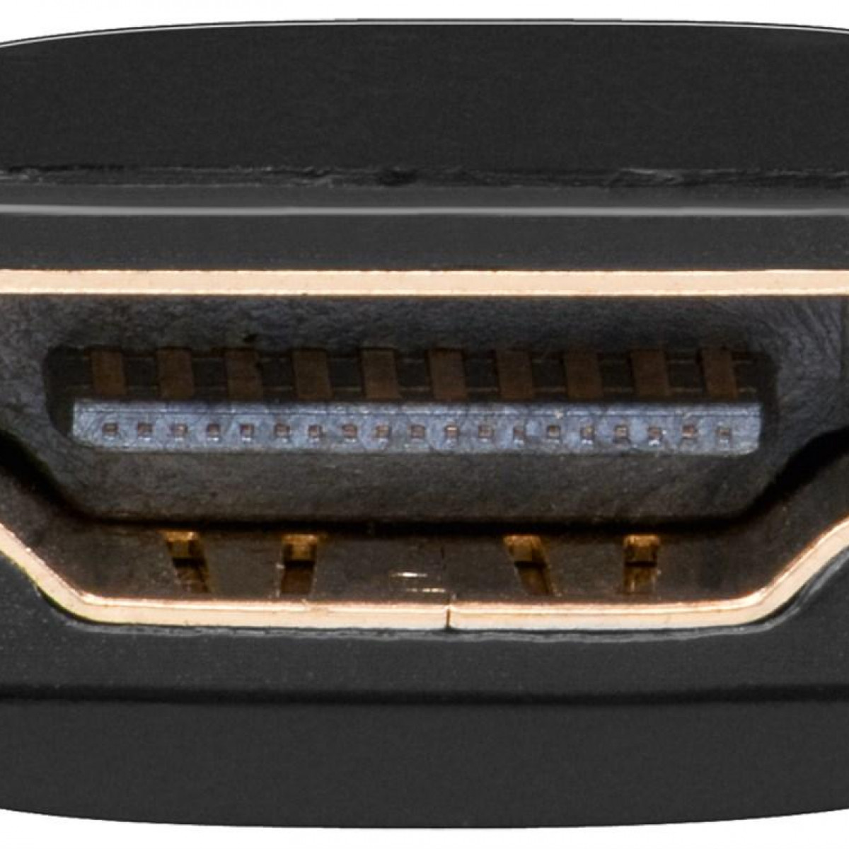 Nahaufnahme eines schwarzen HDMI-Anschlusses, zeigt die internen Pins, schwarzer Hintergrund.
