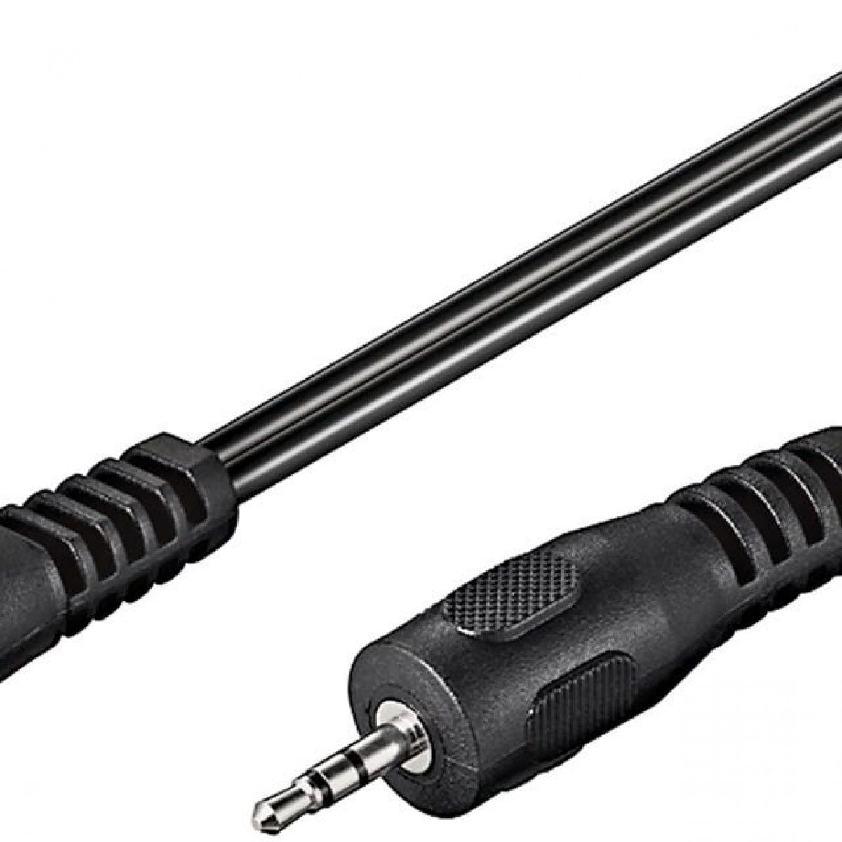 Cavo audio nero con jack da 3,5 mm, vista ravvicinata.