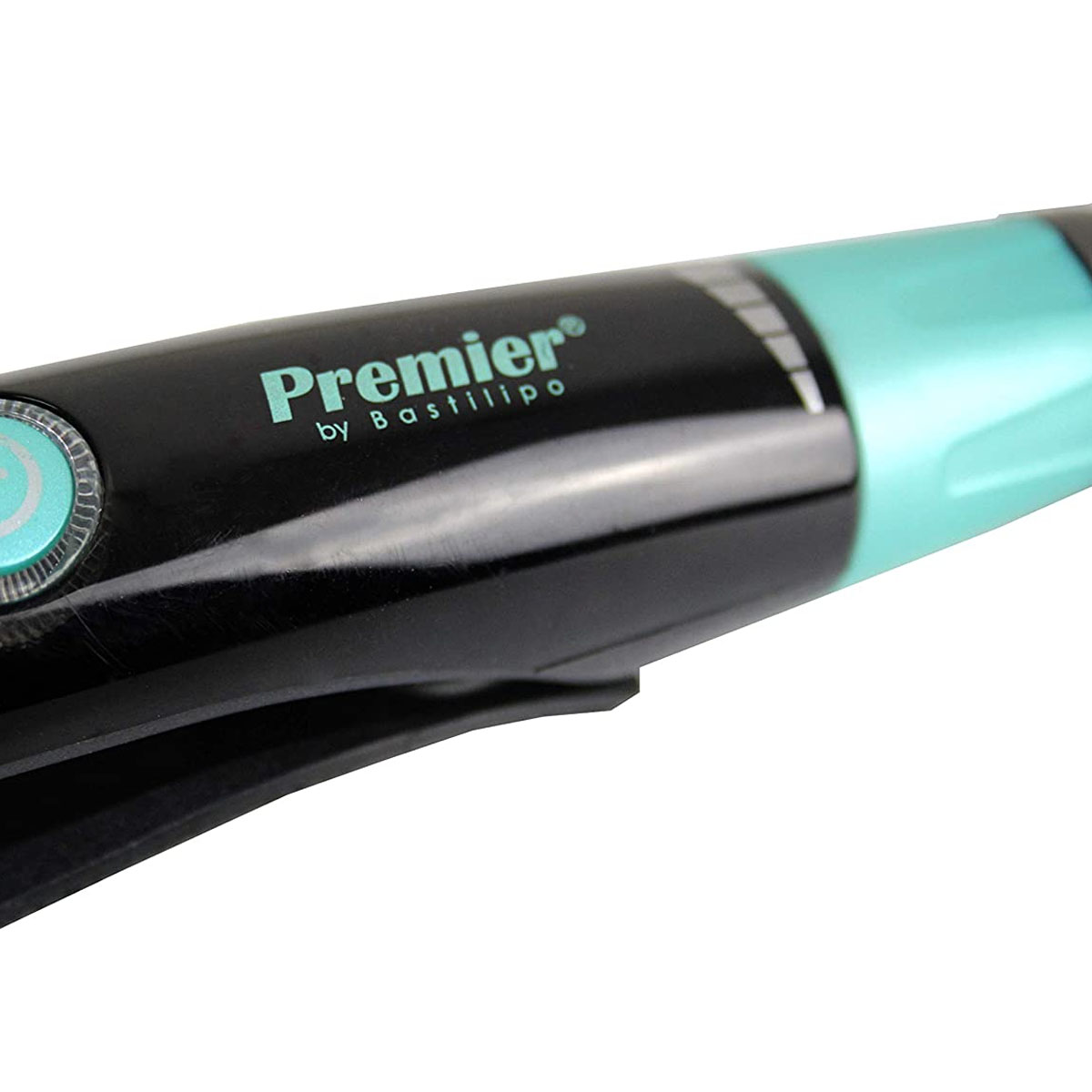 Primer plano de una plancha de pelo negra y turquesa. La marca 'Premier' es visible.