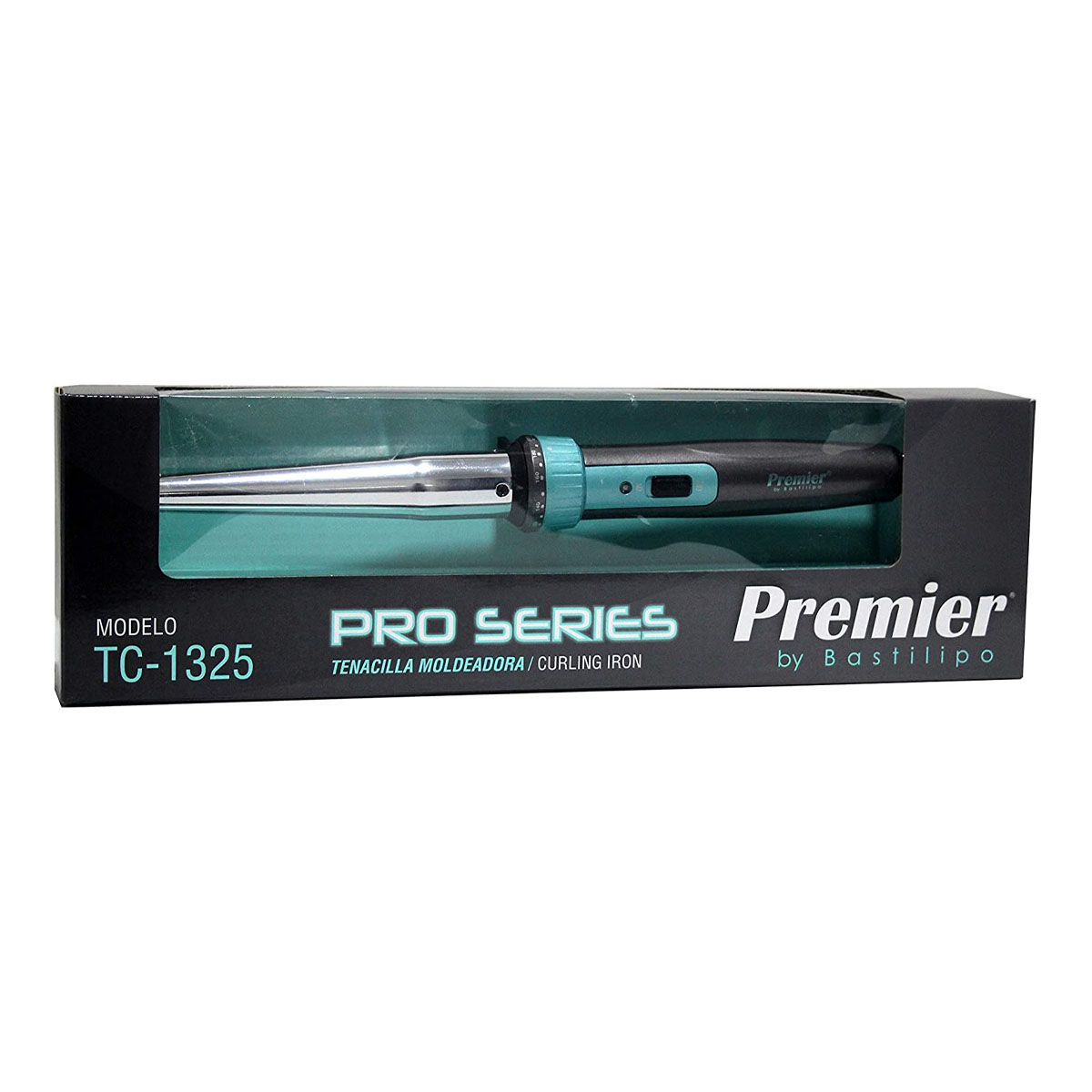 Un rizador de pelo en una caja negra y verde azulado, Premier by Bastilipo.