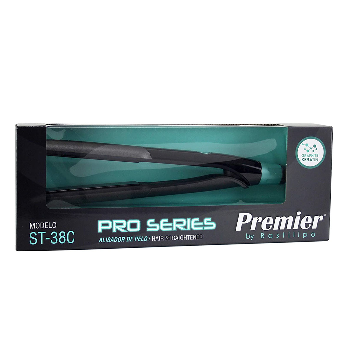 Una plancha de pelo negra en una caja con la marca Premier y el texto 'Pro Series'.