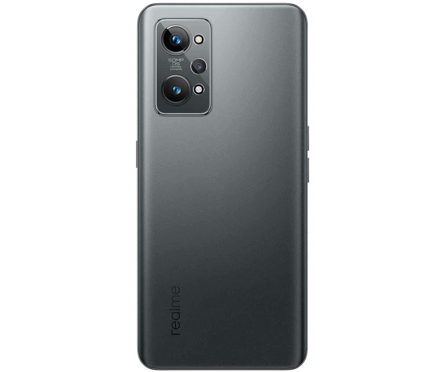 Tył zielonego smartfona z dwoma obiektywami. Słowo "realme" na dole.