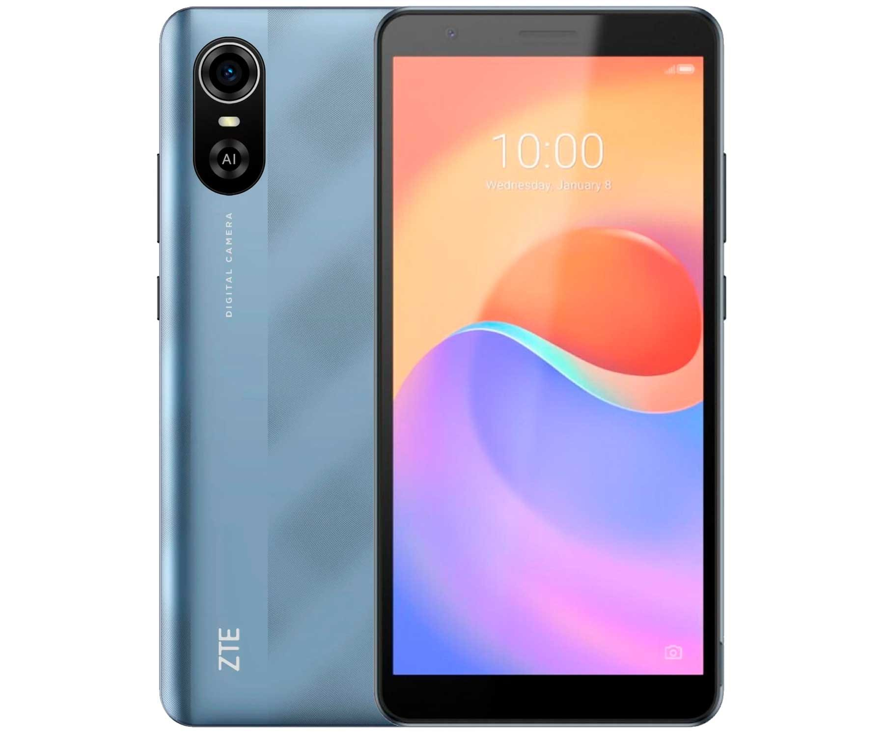 Se muestra un teléfono inteligente azul con su parte trasera y la pantalla. La hora es 10:00.