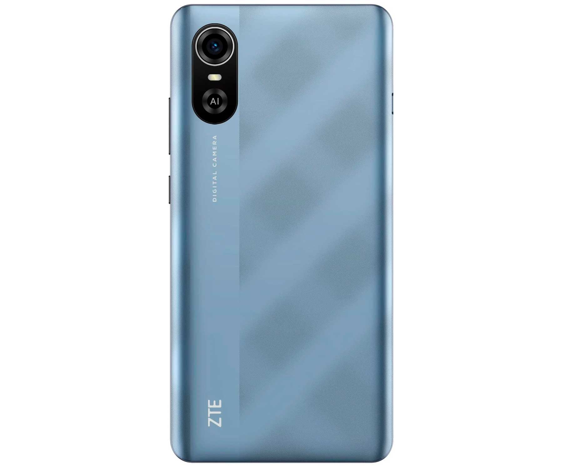 Parte trasera de teléfono azul con cámara. El logotipo de ZTE está en la parte inferior. Texto de cámara digital en el lateral.
