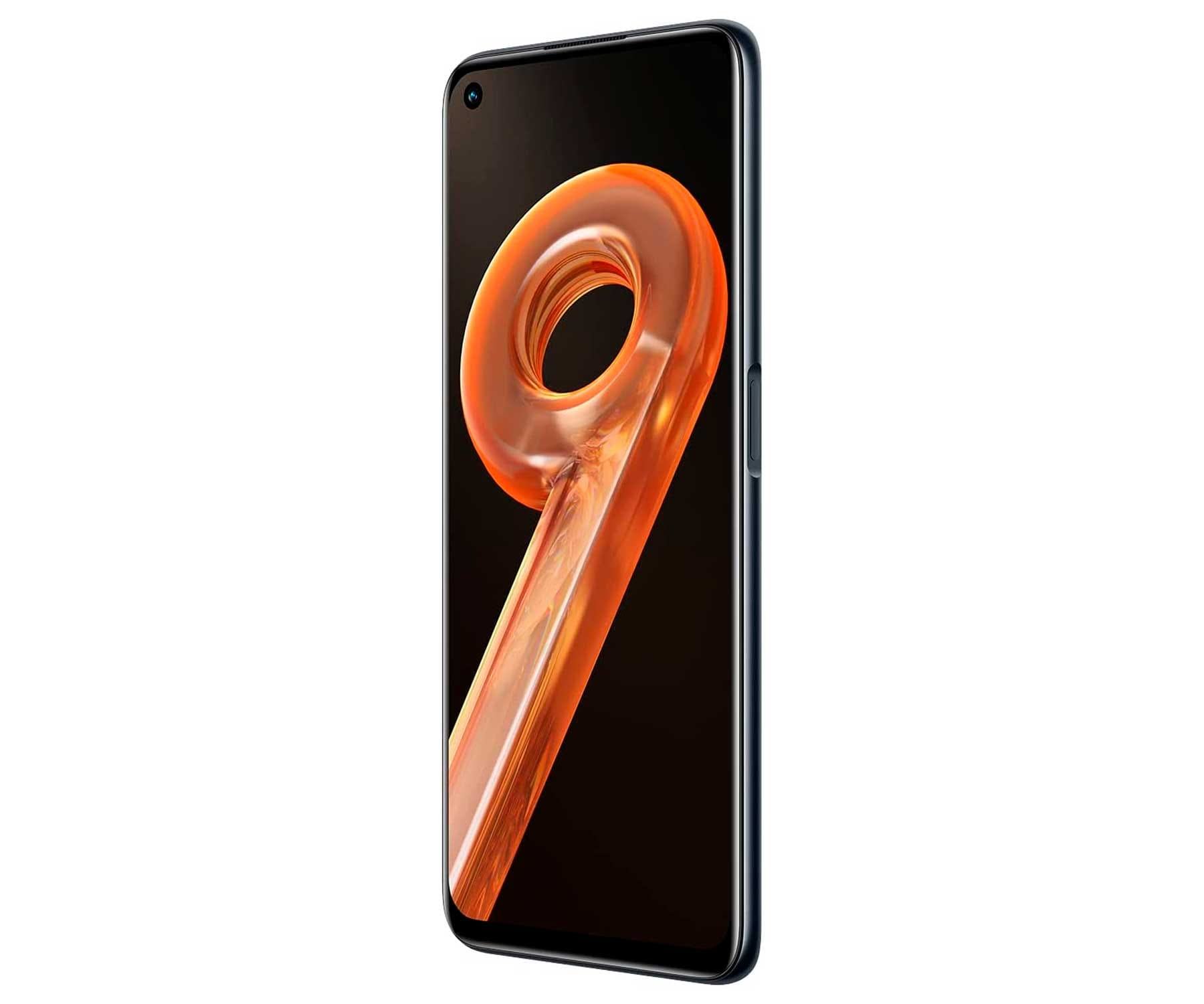 Czarny smartfon z dużą pomarańczową liczbą 9 na ekranie, widok pod kątem.