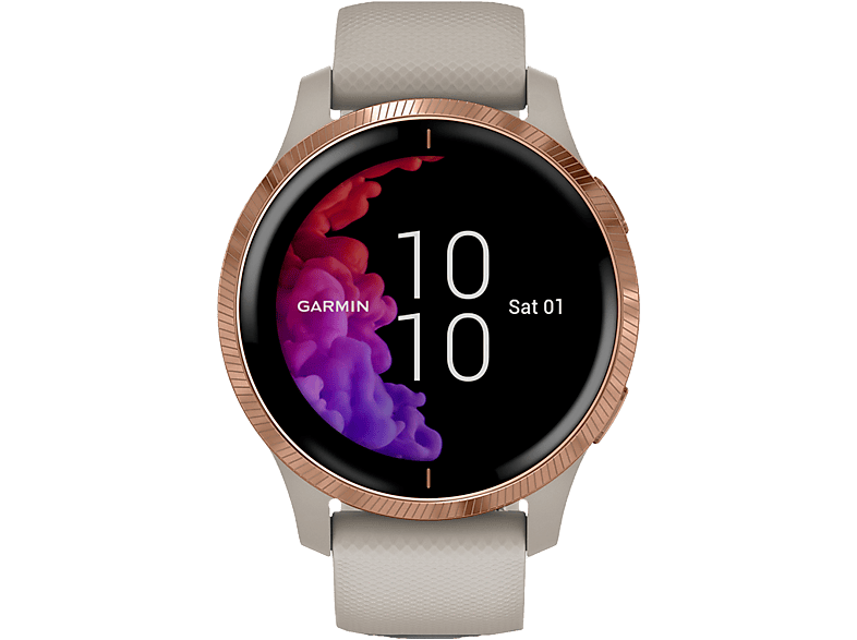 GARMIN Venu Smartwatch Faserverstärktes Polymer mit Polymergehäuse hinten Silikon, 43.2x43.2x12.4 mm, für einen Handgelenkumfang von 125 bis 190 mm, Beige/Rosegold