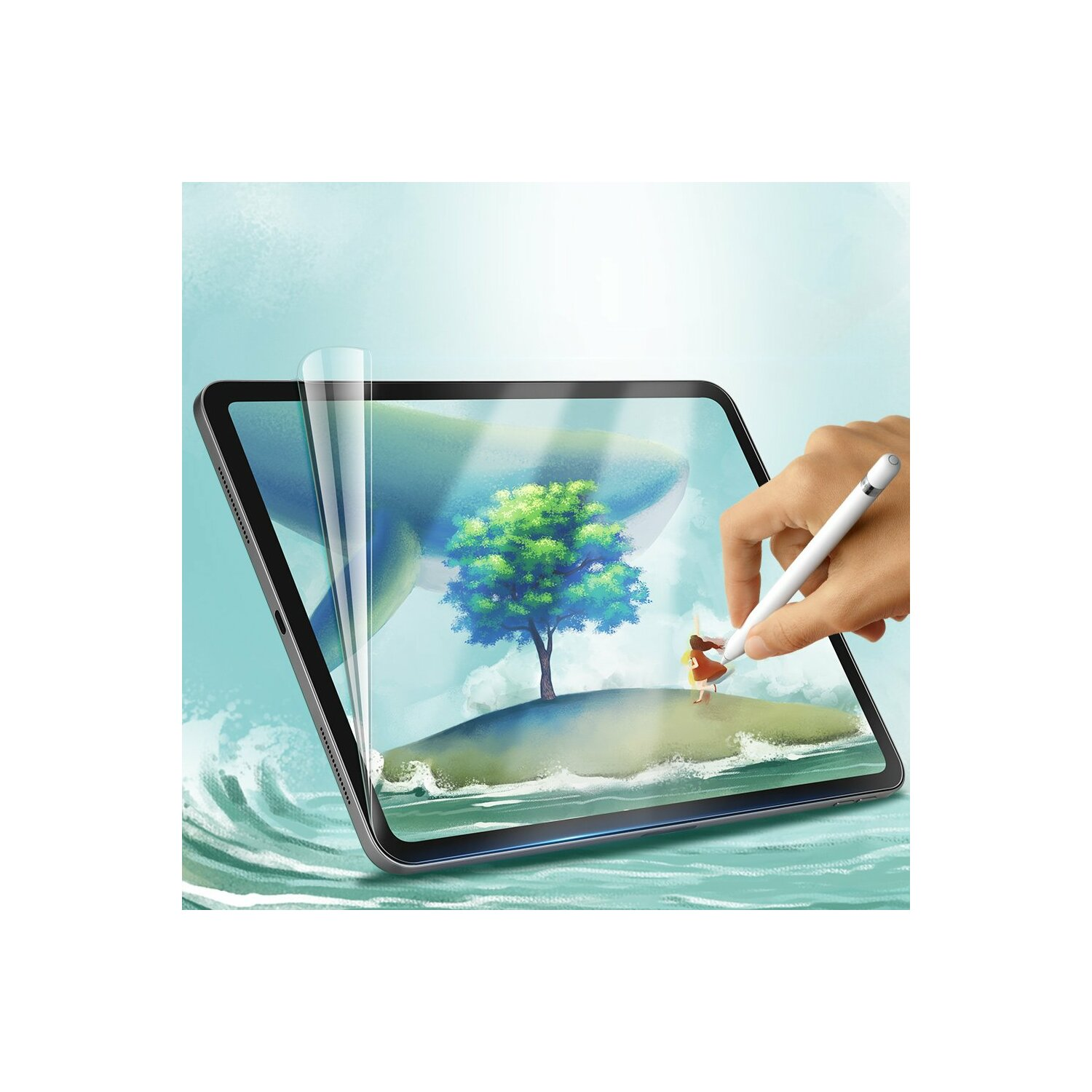 Eine Hand benutzt einen Stift auf einem Tablet, das eine Insel mit Baum und Hai zeigt.