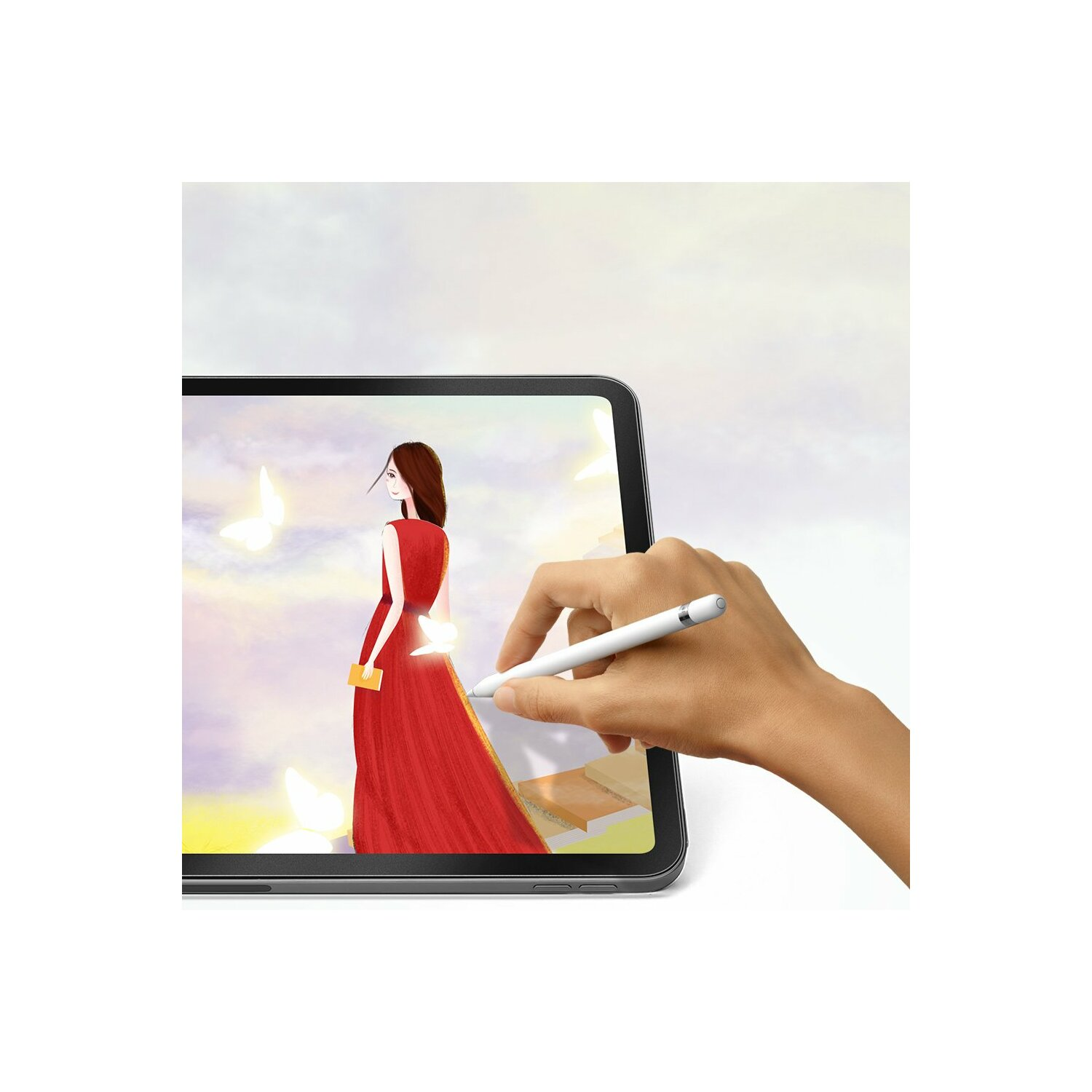 Hand hält weißen Stift neben Tablet, das Frau in rotem Kleid zeigt.