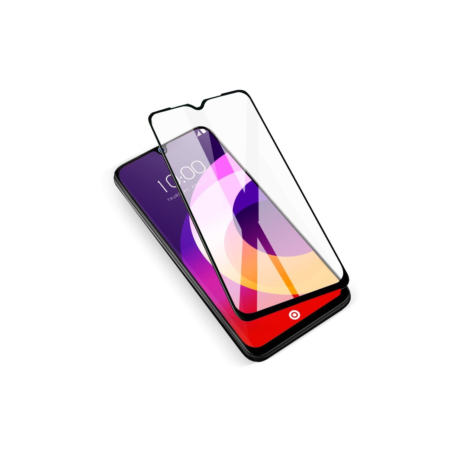 Smartphone mit angebrachter Displayschutzfolie und Ersatzfolie. Weißer Hintergrund.