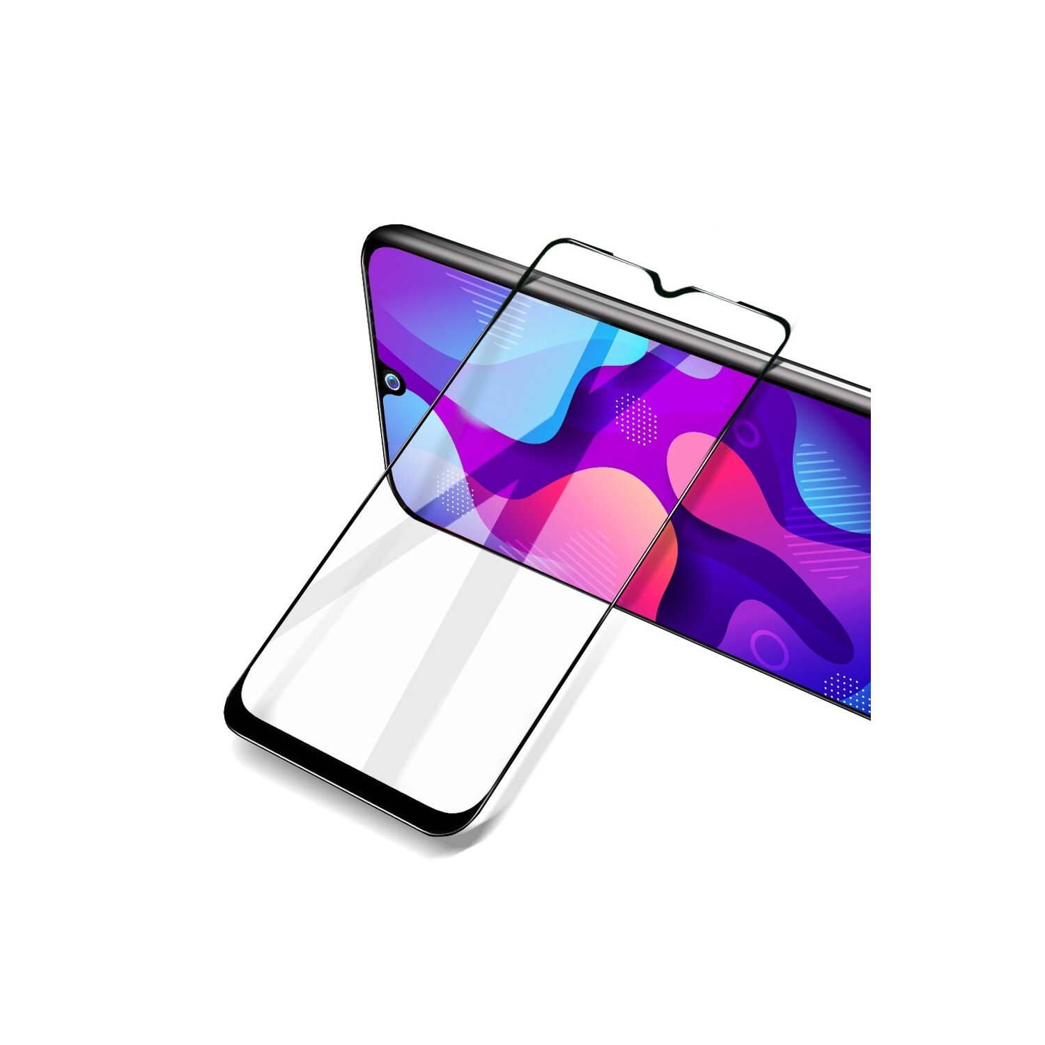 Displayschutzfolie über einem Telefon, mit farbenfrohem Hintergrund und klaren Kanten.