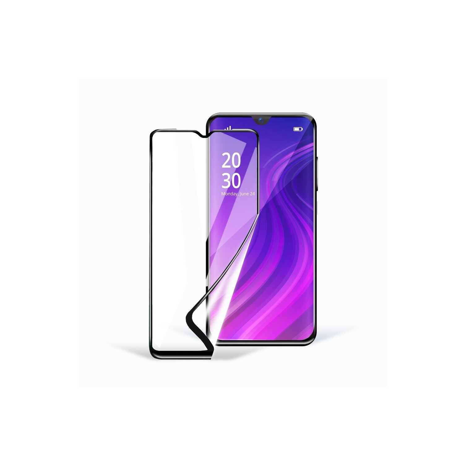 Smartphone mit Displayschutzfolie. Telefon auf weißem Hintergrund. Bildschirm zeigt lila und weißes Muster.
