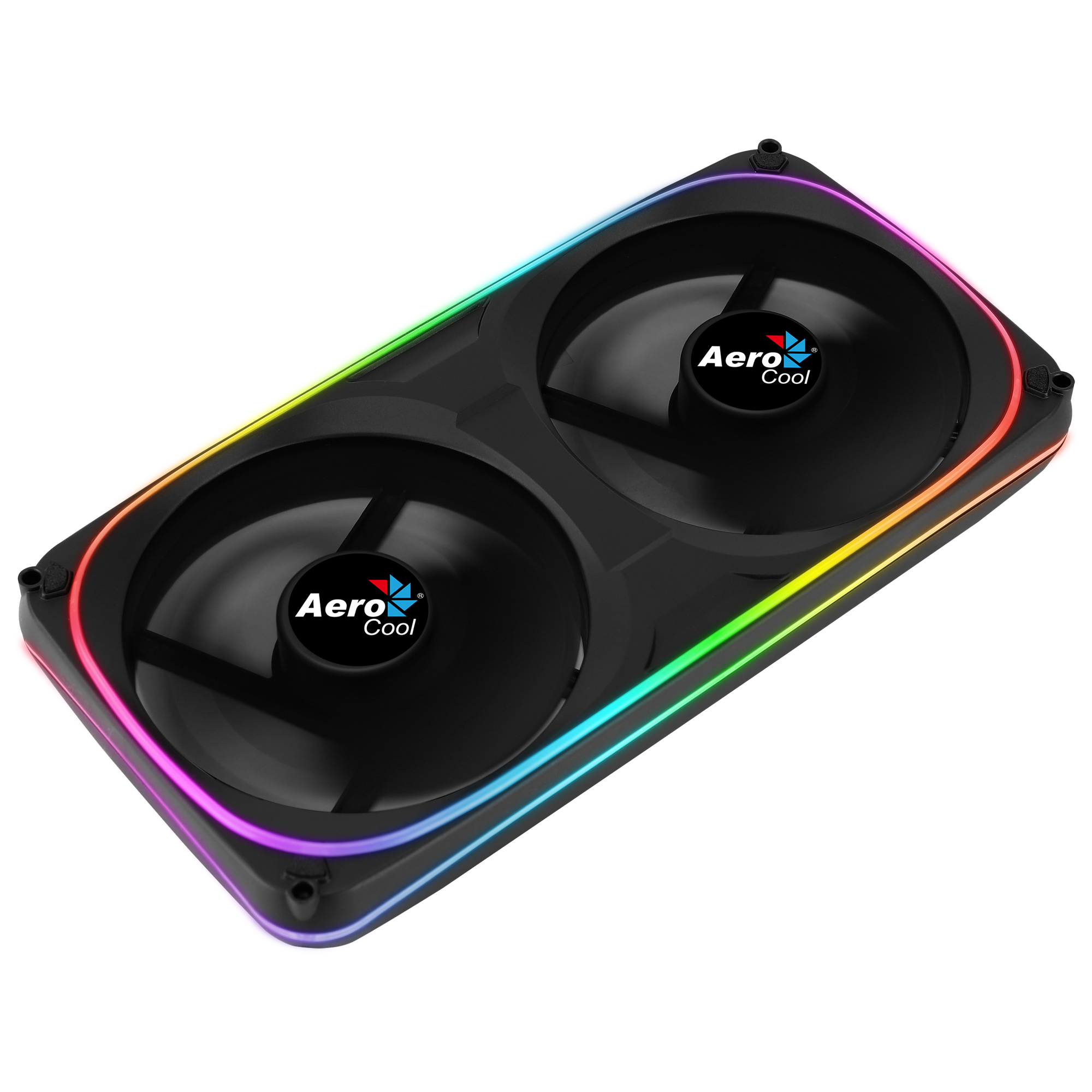 Ventola per computer nera con due pale. Ha una luce LED colorata.