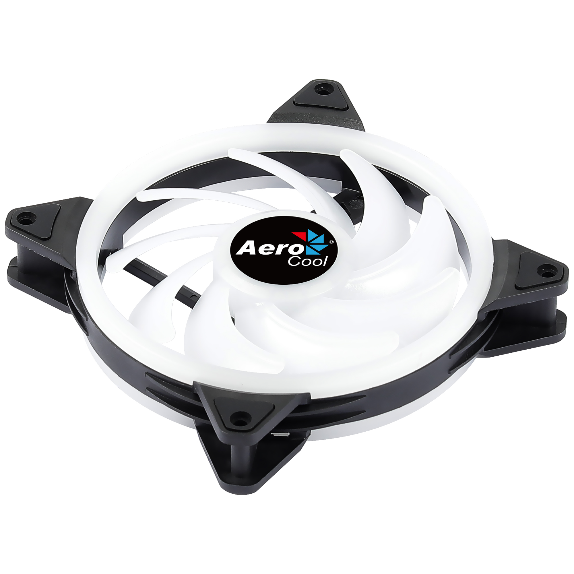 AeroCool Computerlüfter mit weißen Flügeln, schwarzem Rahmen und dem AeroCool-Logo.