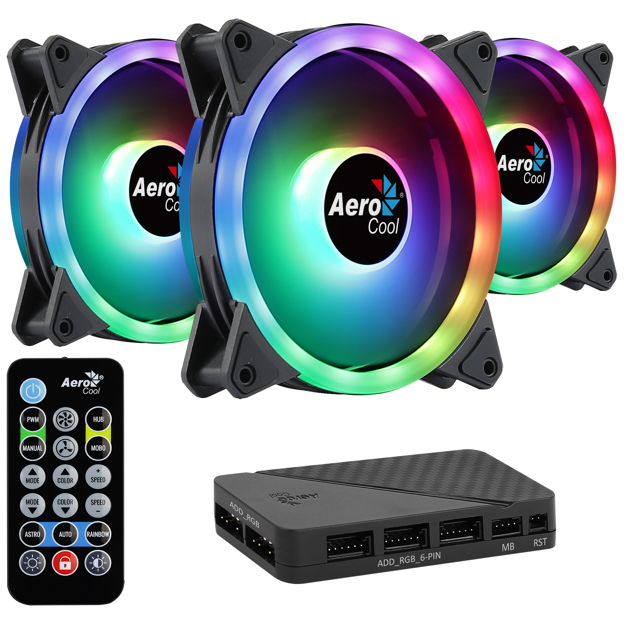 Tres ventiladores AeroCool RGB con controlador y mando, sobre fondo blanco.