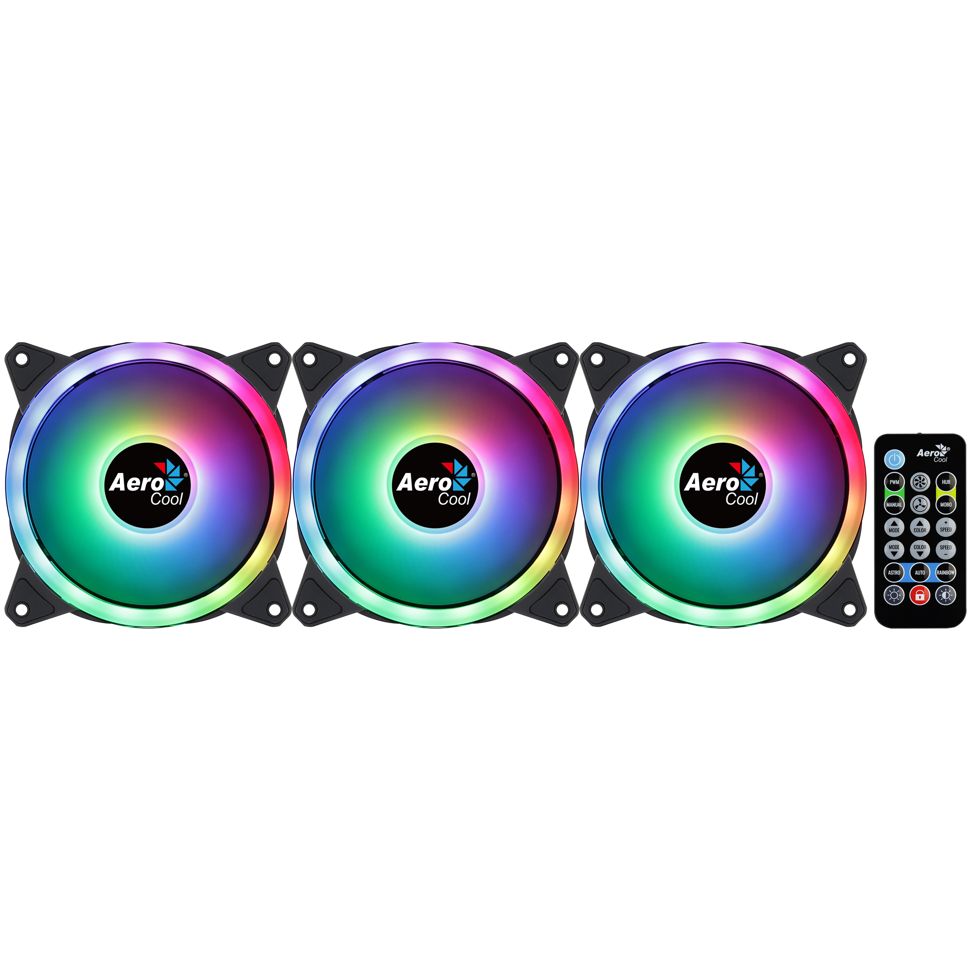 Tres ventiladores de computadora RGB con luces LED de colores y un control remoto para ajustes.