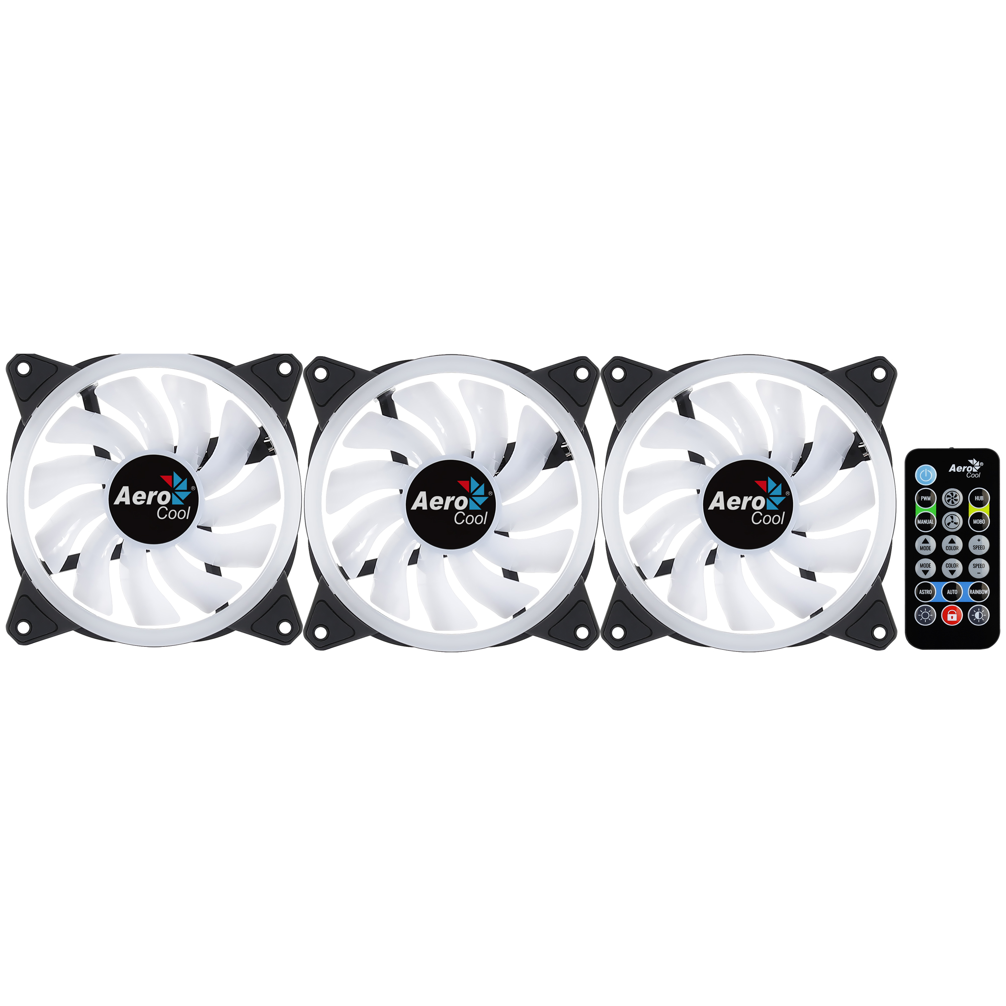 Tres ventiladores blancos para computadora con control remoto. Aspas blancas y marco negro.