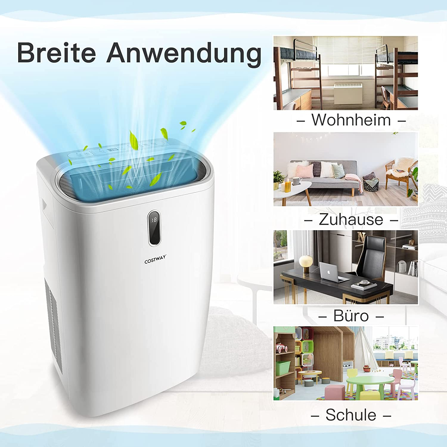 Weißer Luftreiniger mit blauem Licht, grünen Blättern und Text im Hintergrund. Szenen: Wohnheim, Zuhause, Büro und Schule.