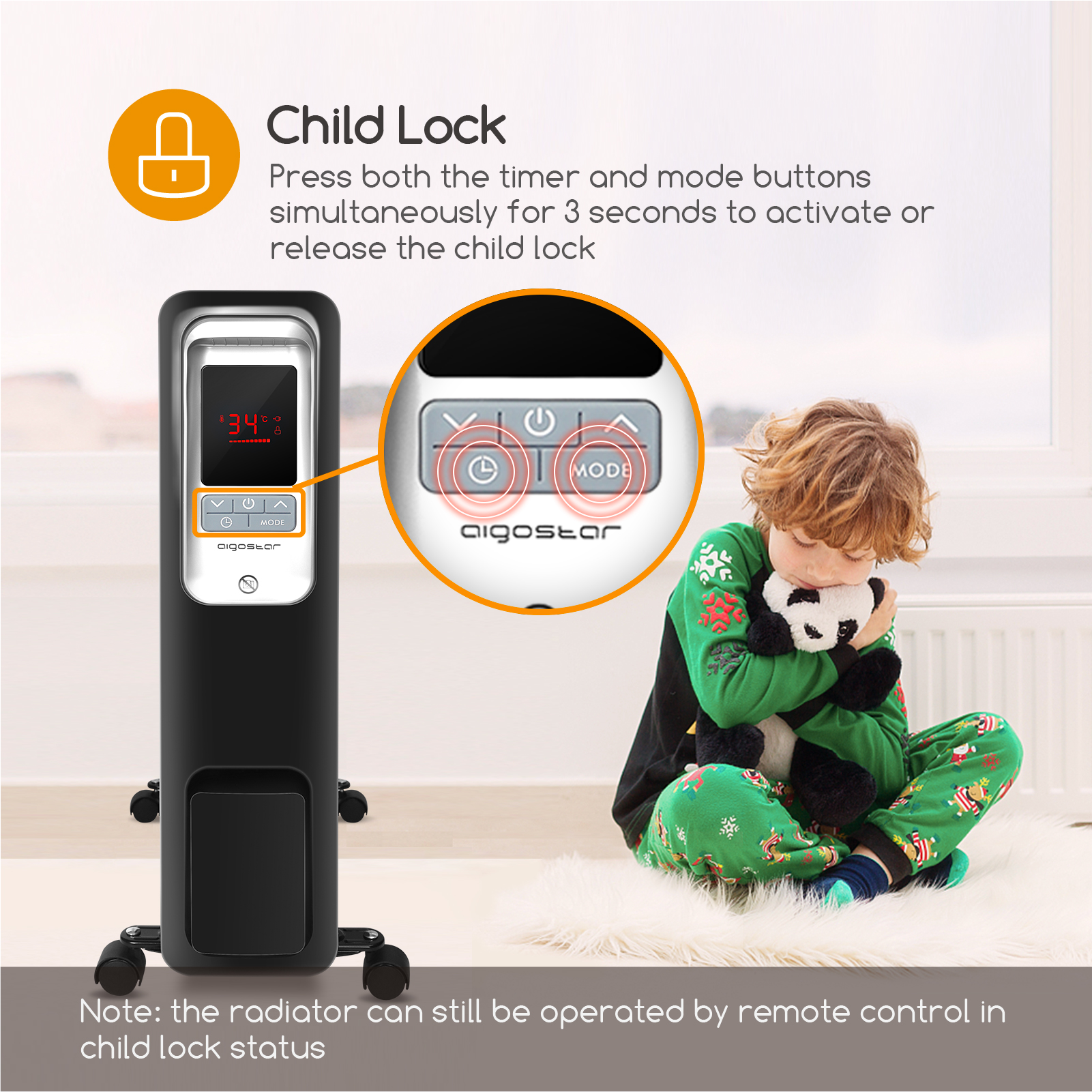 Un niño con un juguete panda junto a un calefactor. Se destaca un panel de control.