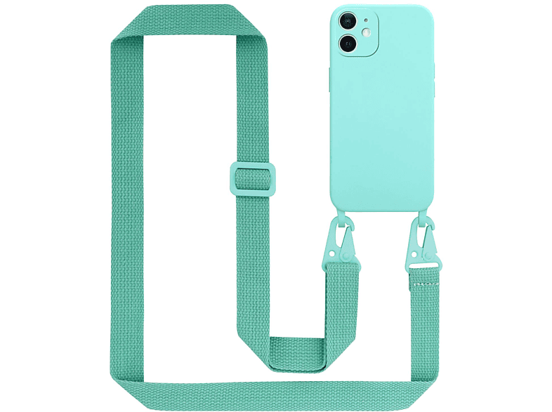 CADORABO Handy längen Kette Schutzhülle Kordel TÜRKIS 12 MINI, verstellbaren Band, Silikon Apple, iPhone Backcover, mit LIQUID