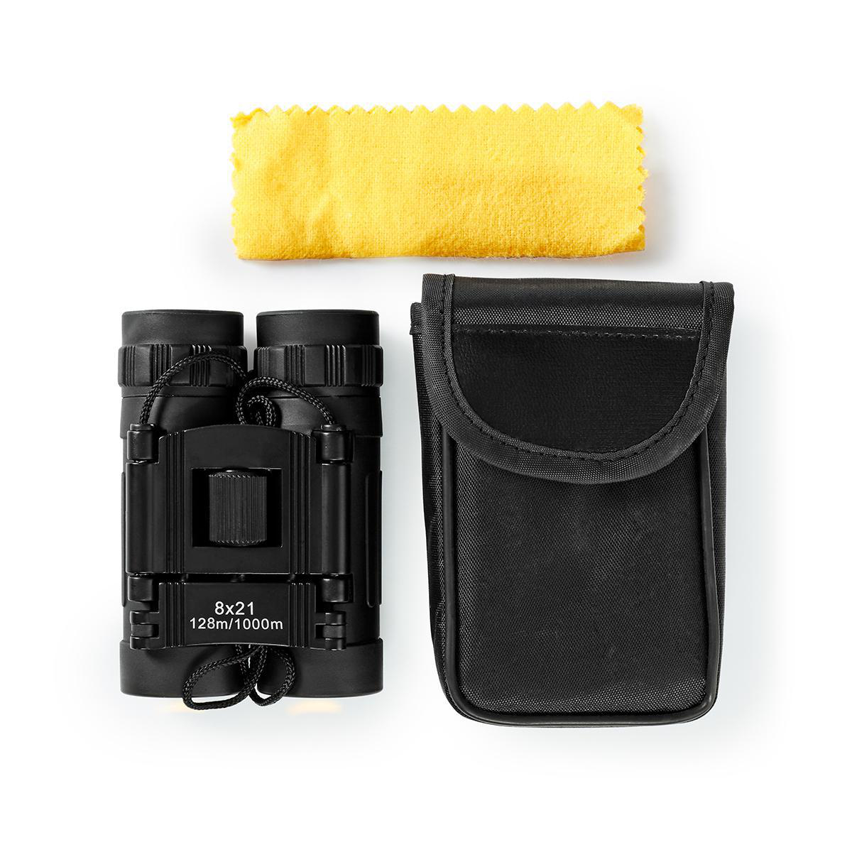 Lornetka, żółta ściereczka do czyszczenia i czarne etui, wszystko na białym tle.