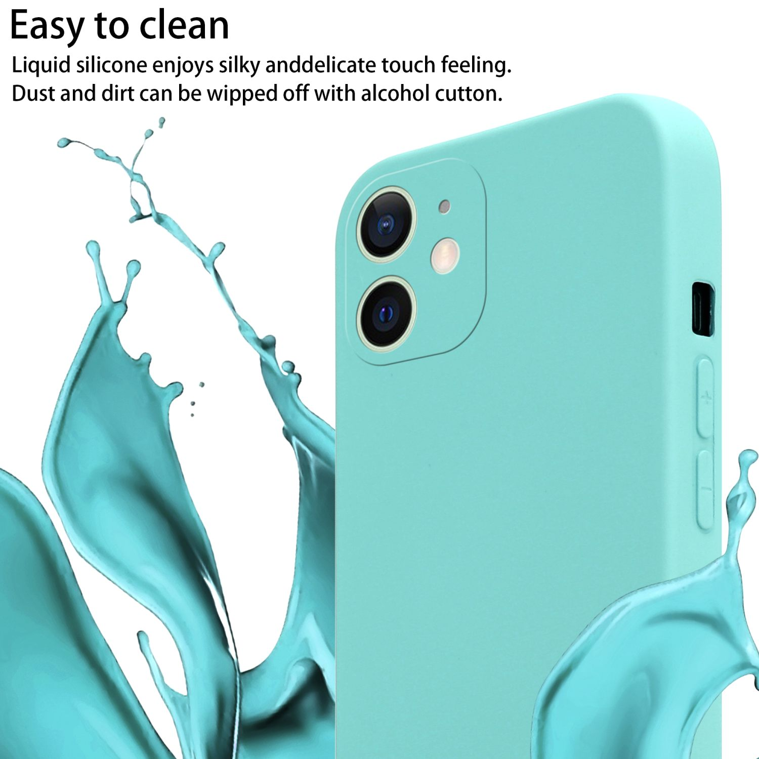 Custodia per telefono verde menta con schizzi d'acqua. Silicone liquido, facile da pulire, tocco setoso.