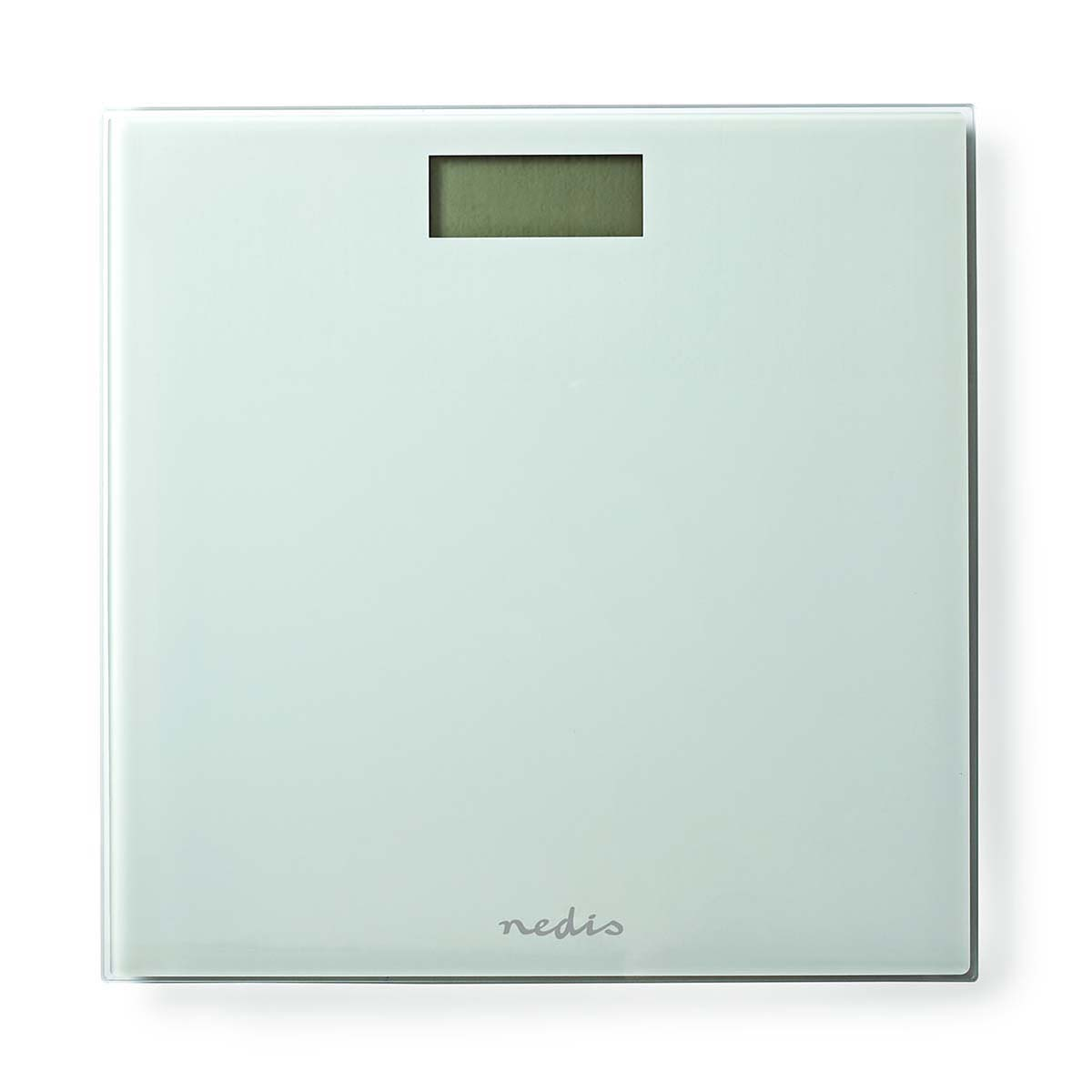 Biała waga z małym wyświetlaczem cyfrowym. Marka nedis wydrukowana na dole.