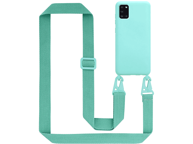 CADORABO Handy Kette Silikon Schutzhülle mit längen verstellbaren Kordel Band, Backcover, Samsung, Galaxy A31, LIQUID TÜRKIS