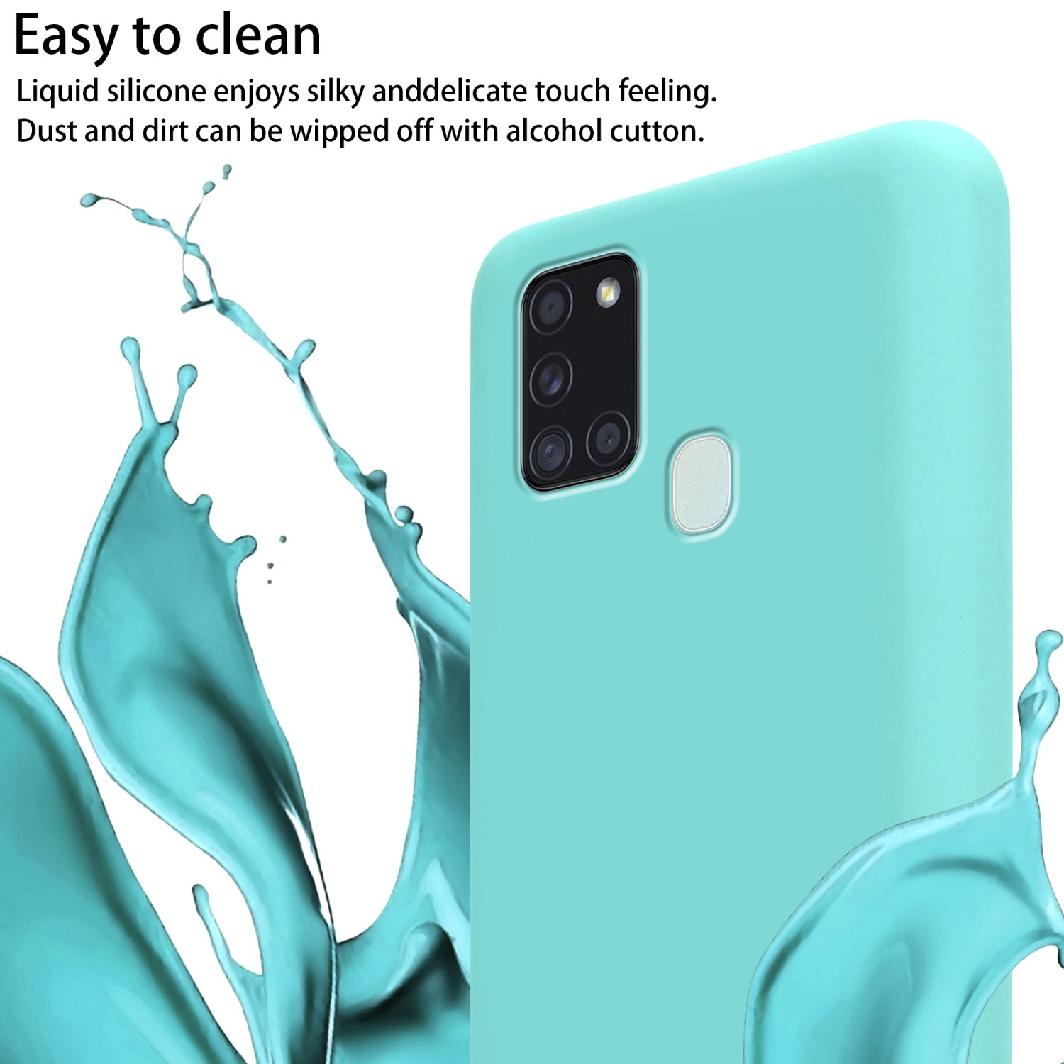 Una custodia per telefono turchese con schizzi d'acqua e testo sulla facilità di pulizia.