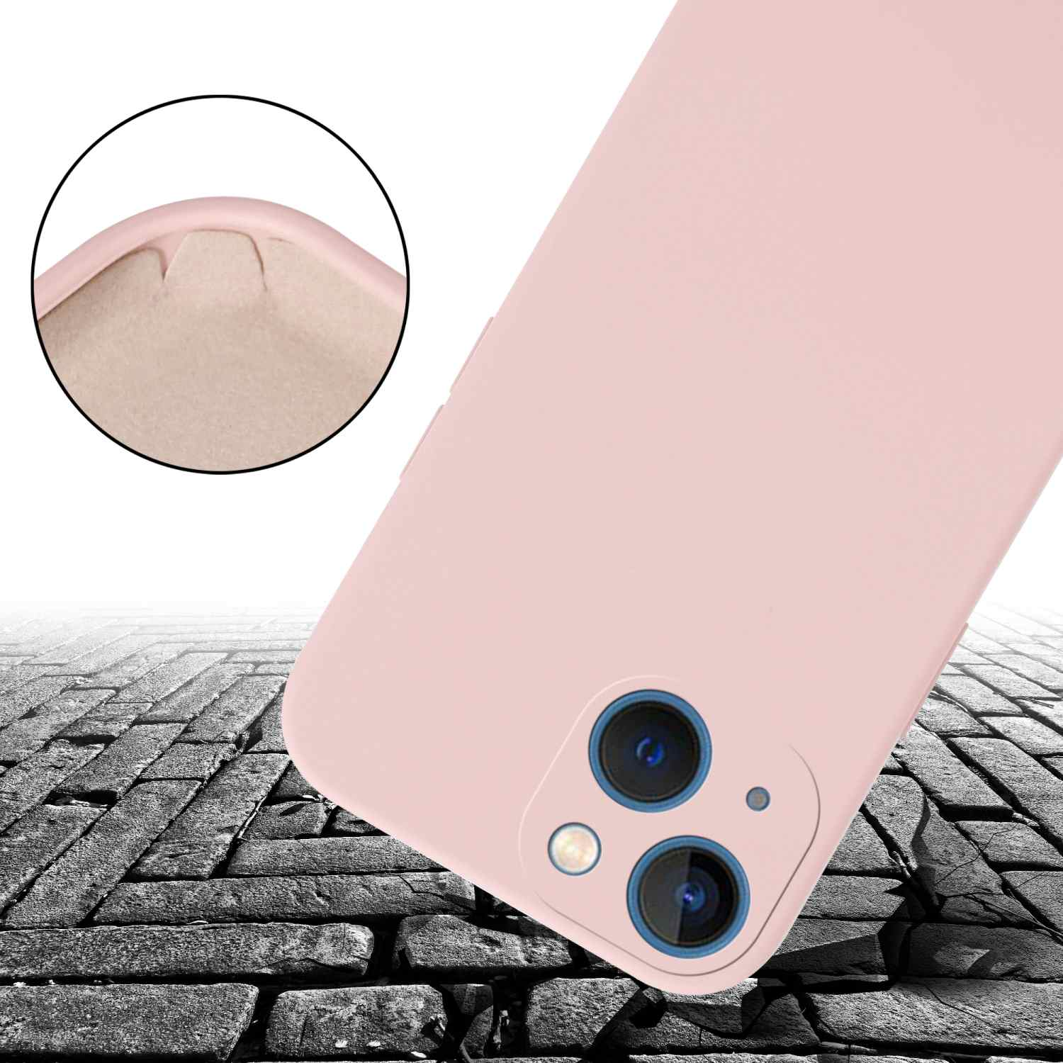 Eine rosa Handyhülle, leicht geneigt, mit Nahaufnahme der Eckdetails und einem zerbrochenen Ziegelhintergrund.